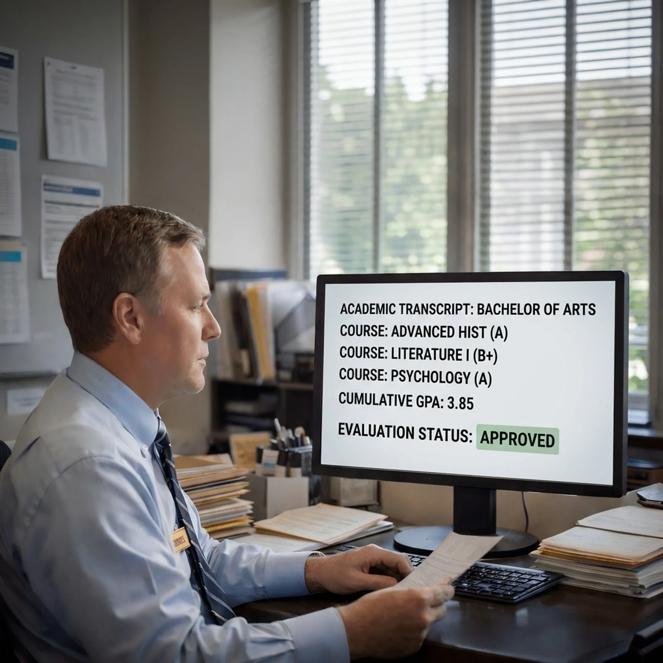 Higher-education admissions team reviewing structured academic transcript results