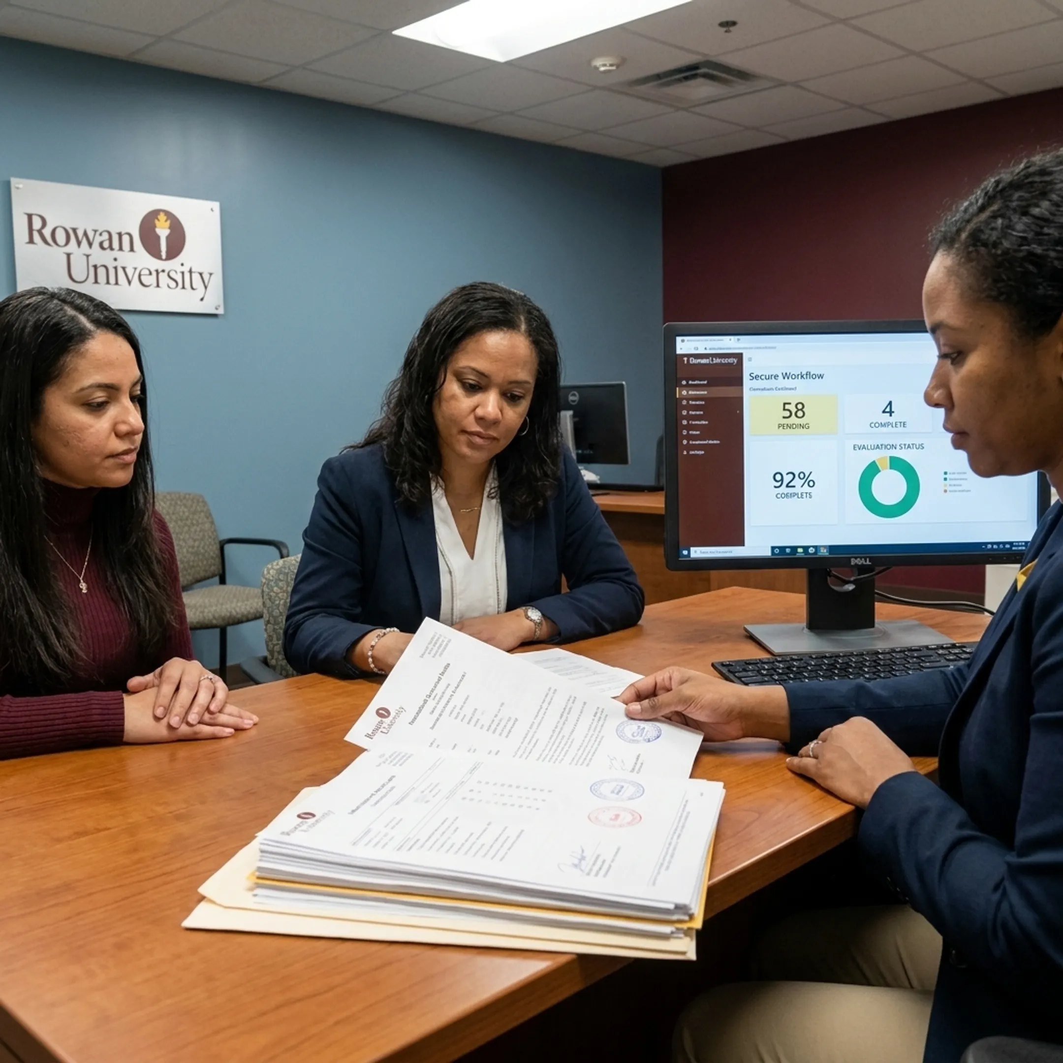 Higher-education team reviewing global transcript evaluation results on a secure digital platform