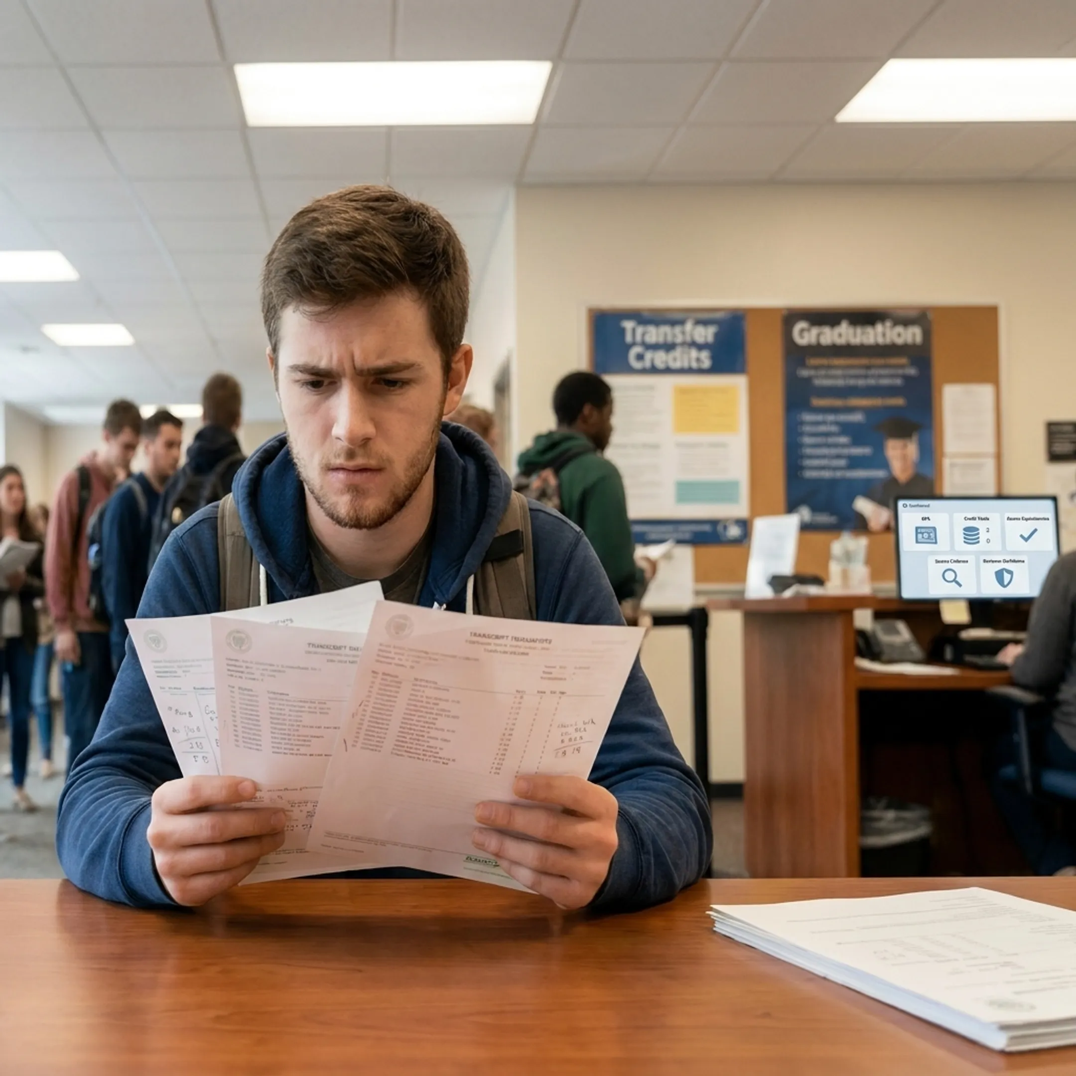 Structured transcript evaluation showing GPA, credits, equivalencies, and source evidence