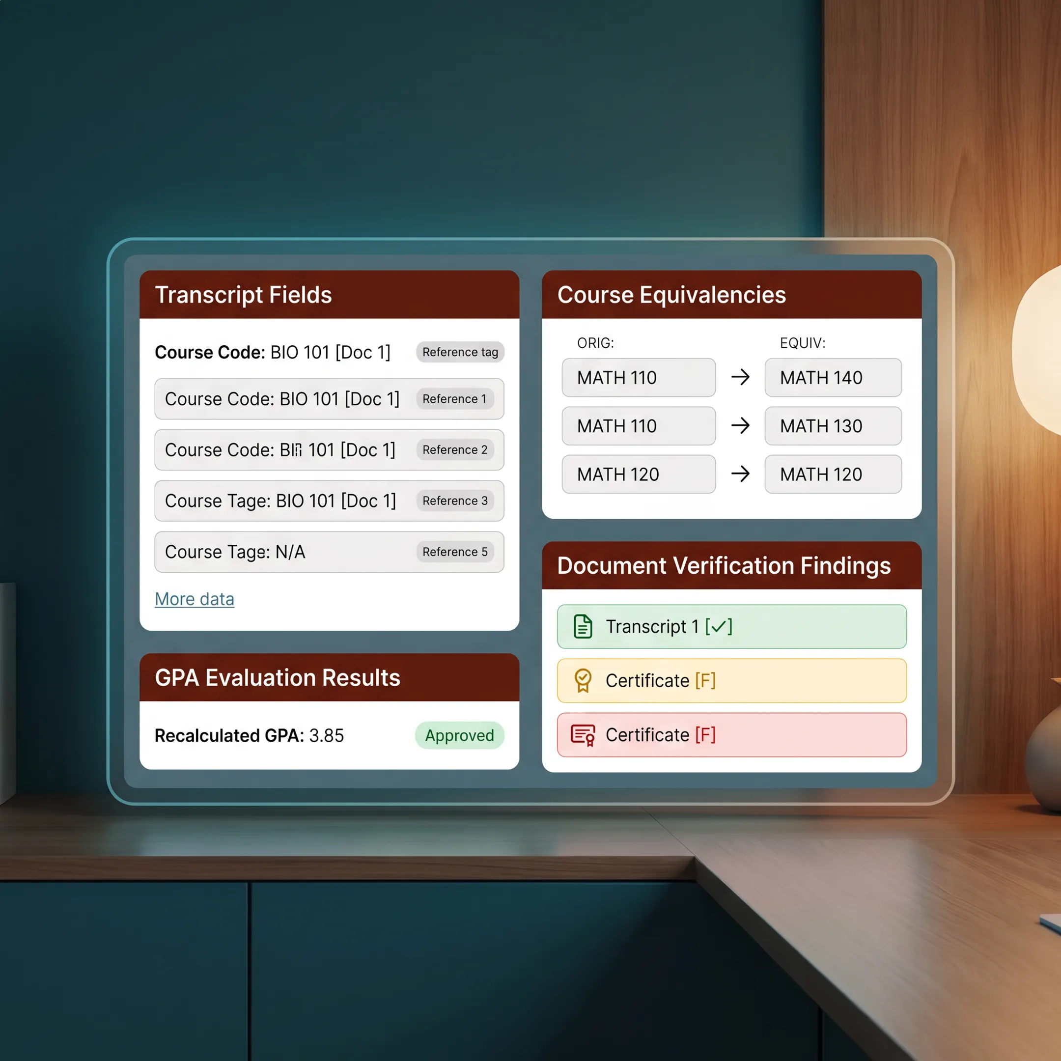 Structured transcript evaluation results displayed beside an original academic document