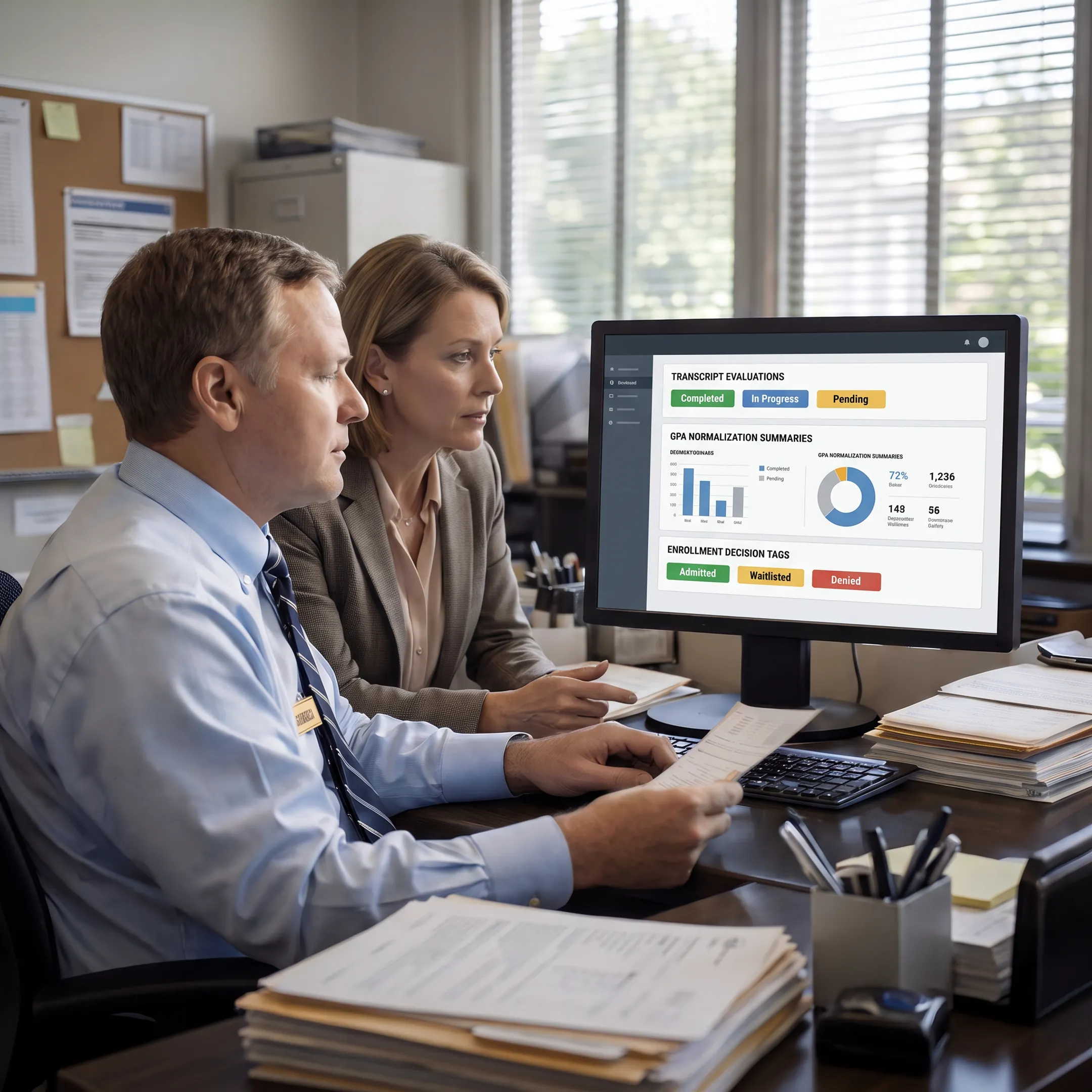Higher-education admissions team reviewing AI-powered enrollment and transcript evaluation results