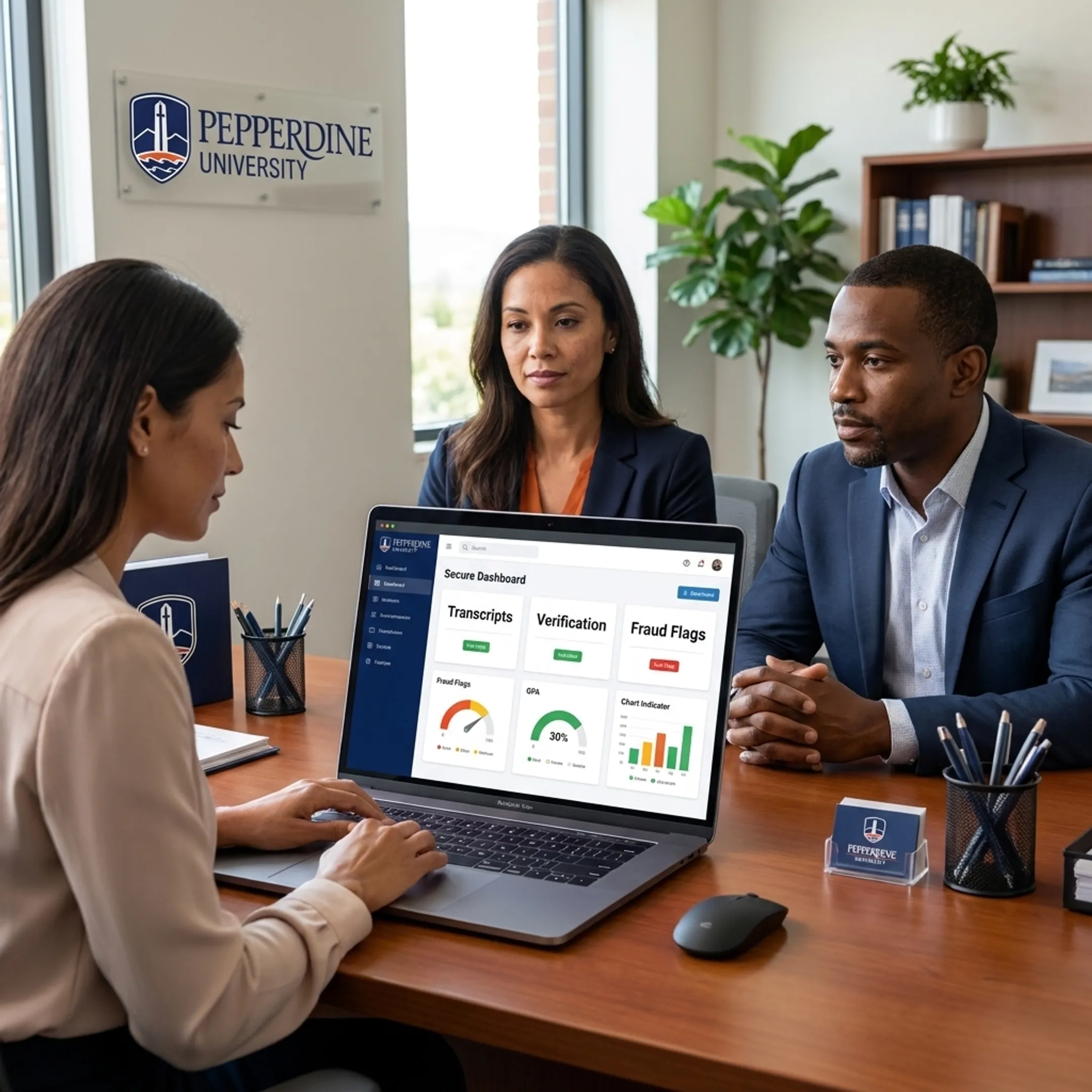 Admissions professional reviewing verified academic transcripts on a computer dashboard