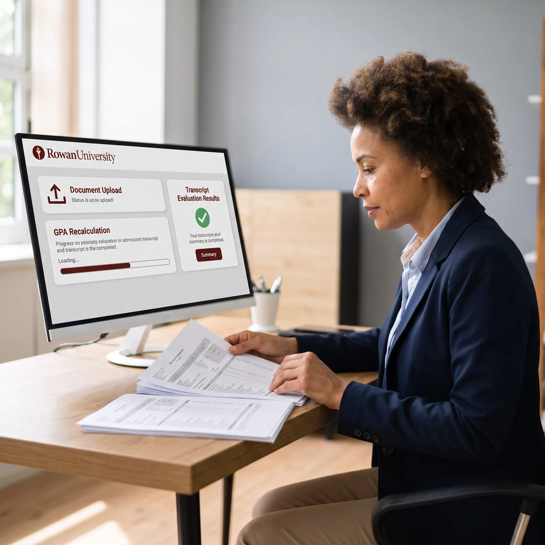 Admissions professional reviewing an international academic transcript evaluation on screen