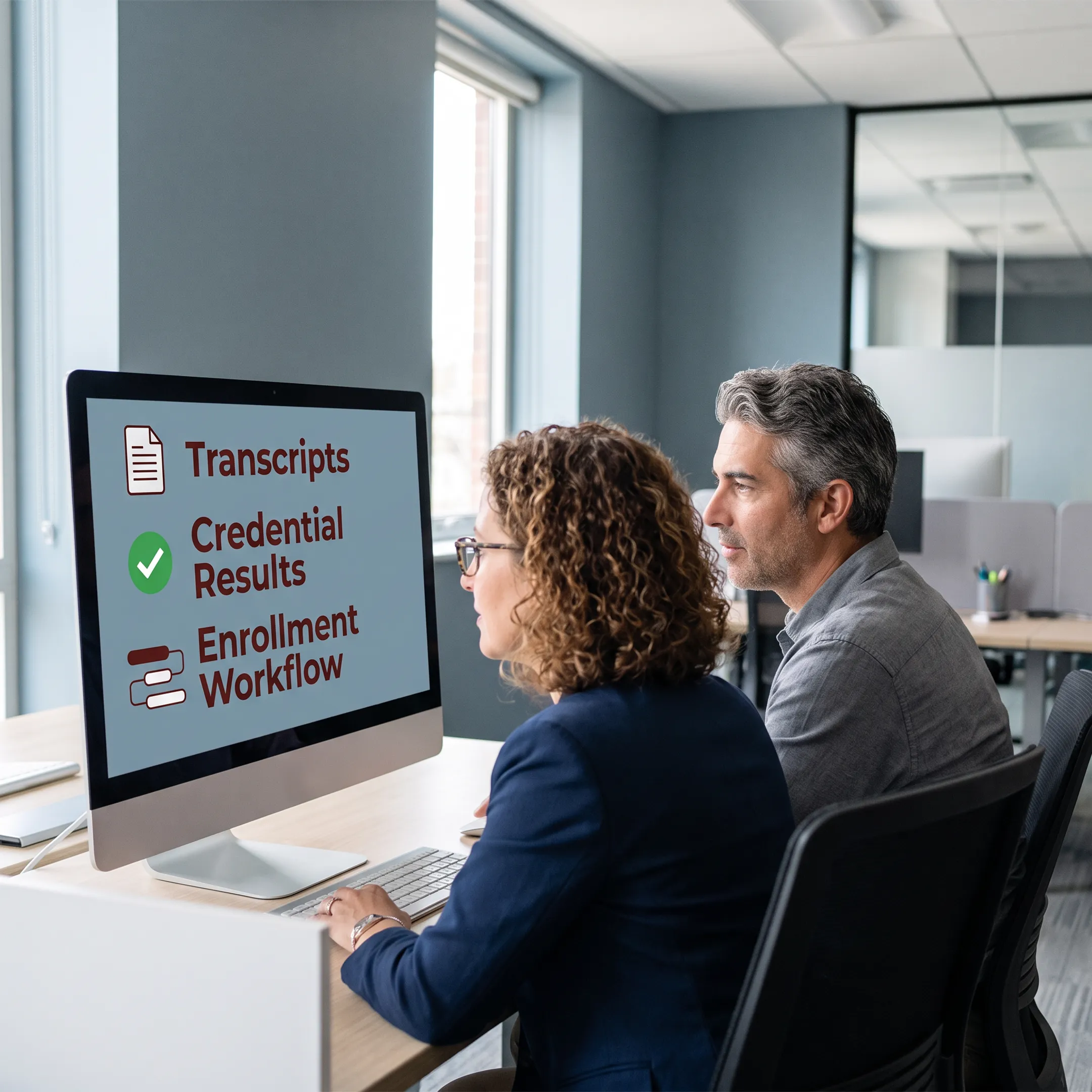 Admissions team reviewing AI-processed student transcripts on enrollment software