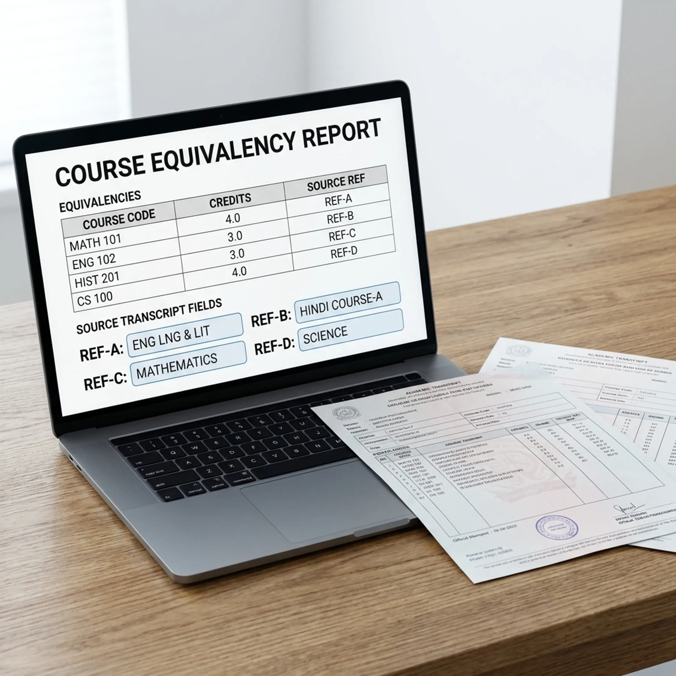 Structured course equivalency report displayed beside an academic transcript