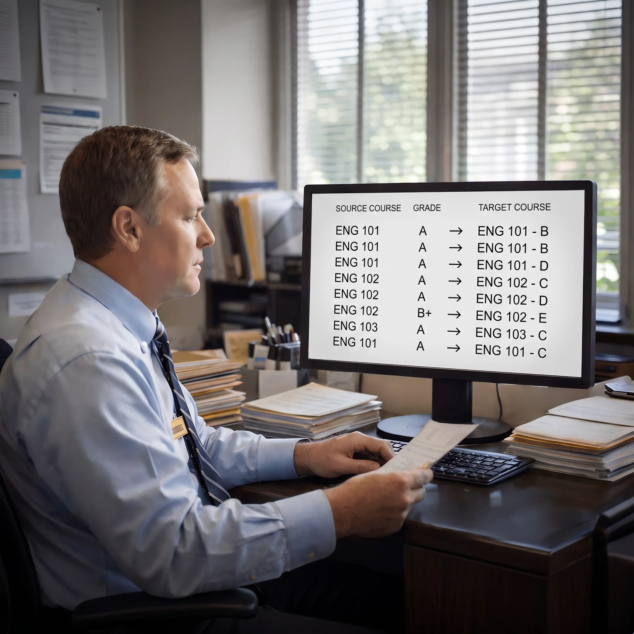 Admissions professional reviewing course equivalency results on a computer