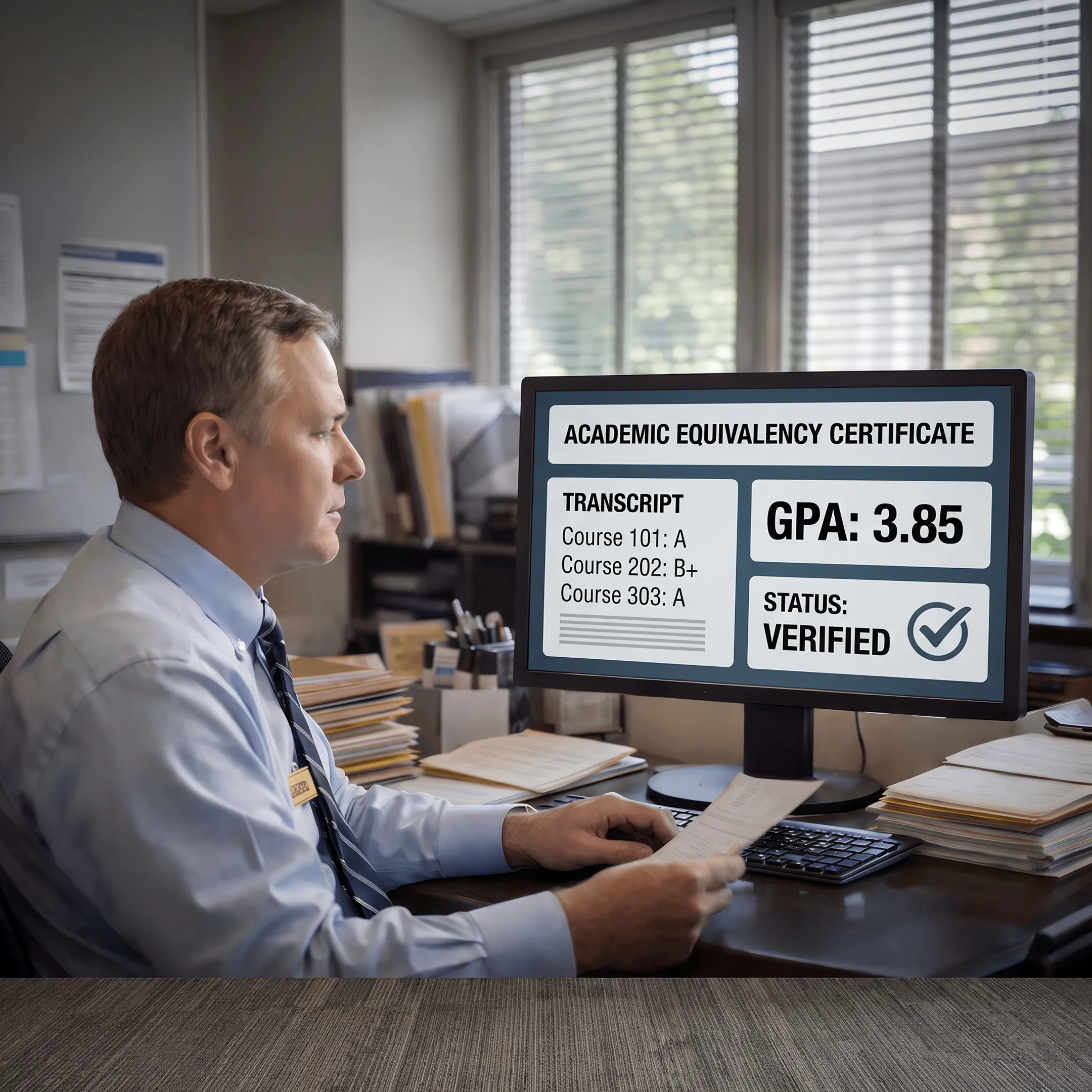 Admissions professional reviewing an academic equivalency certificate and verified transcript on screen