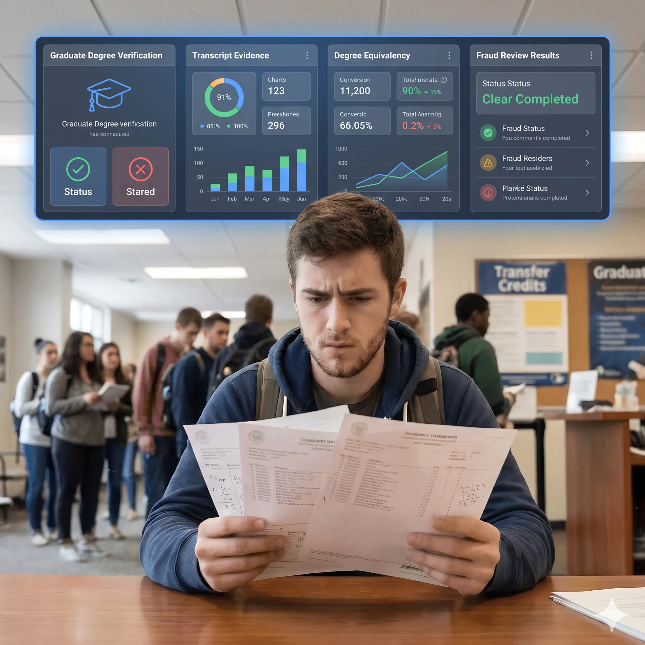 Secure credential verification dashboard displaying graduate degree evaluation results