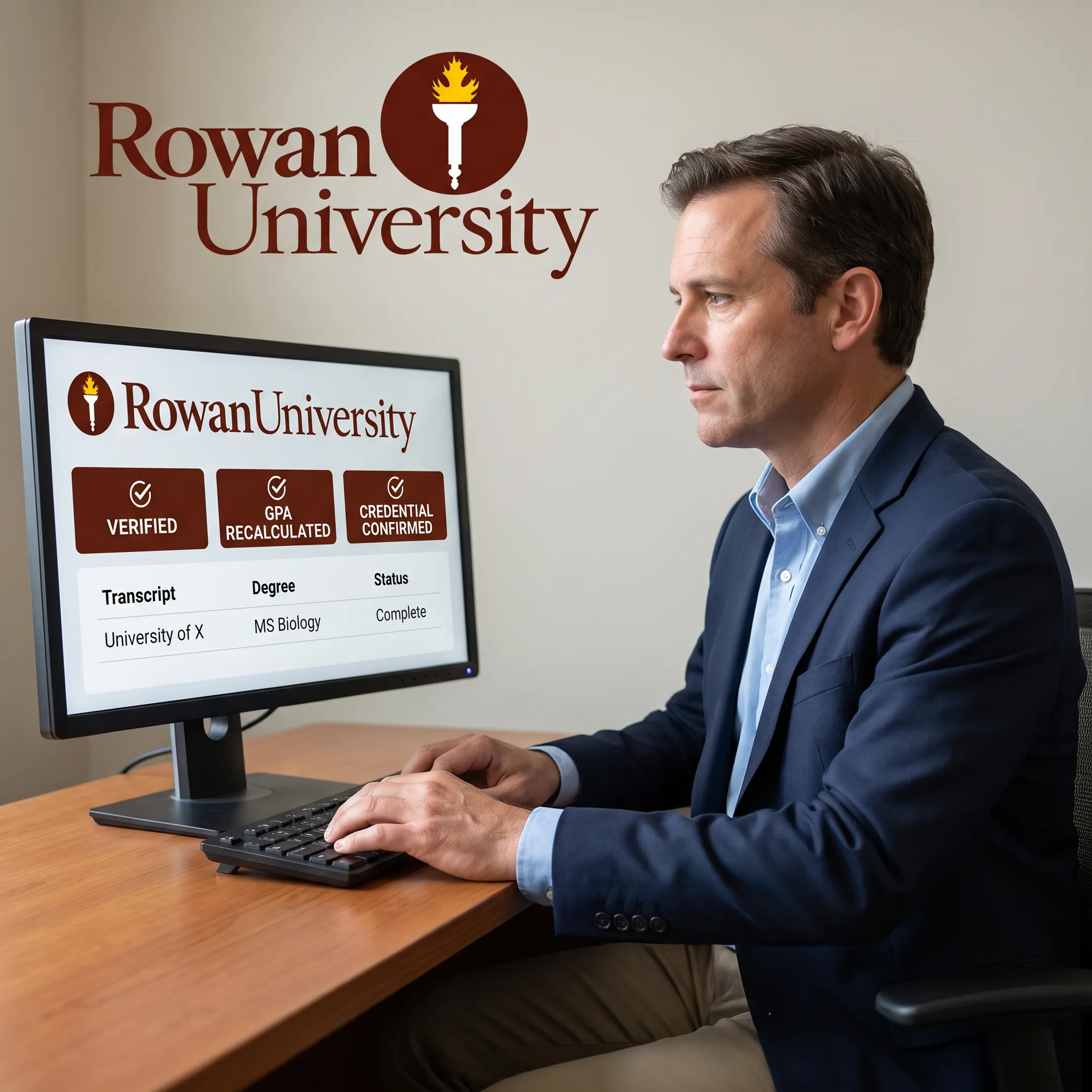 Admissions professional reviewing verified graduate transcript records on a secure computer system