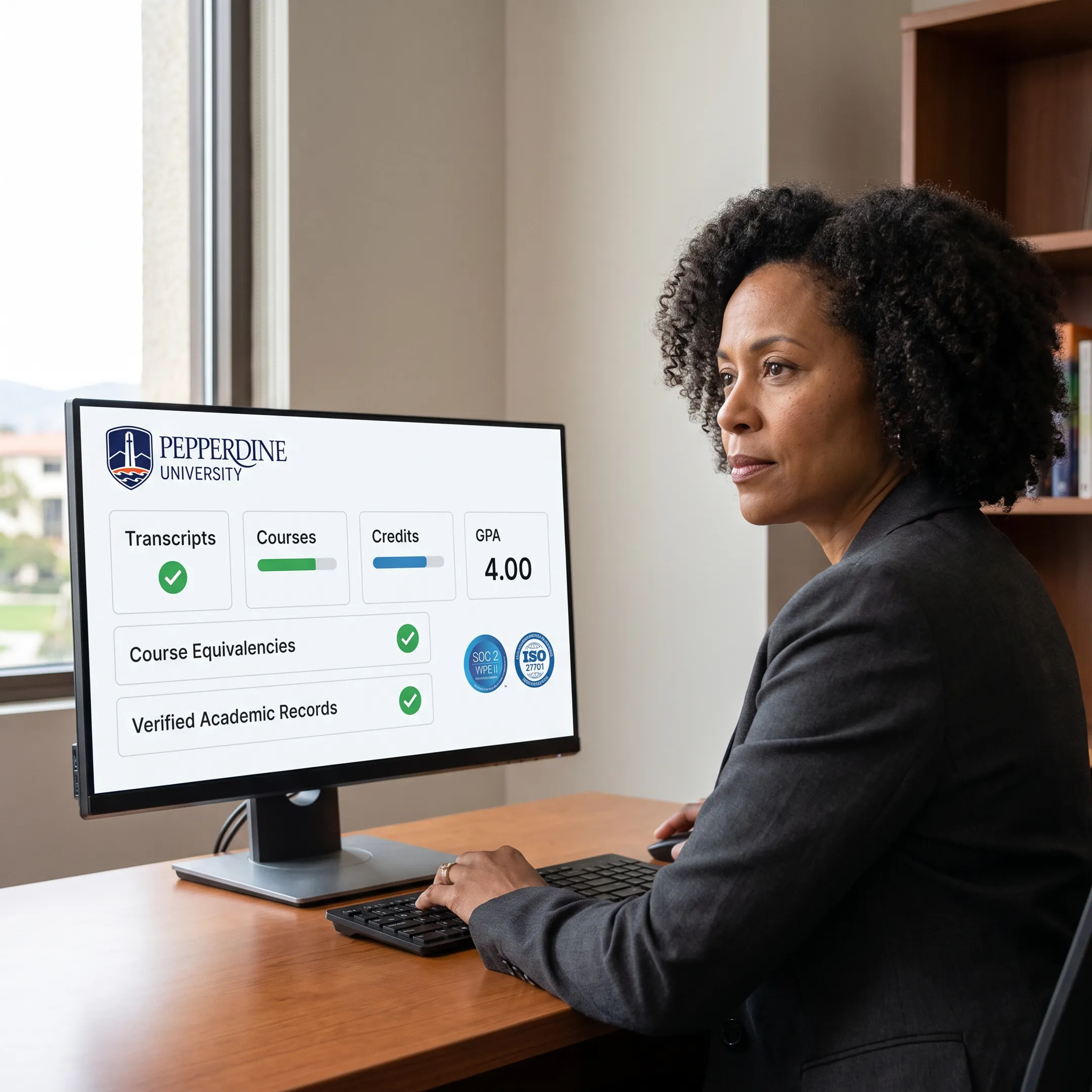 Admissions professional reviewing an academic transcript evaluation dashboard