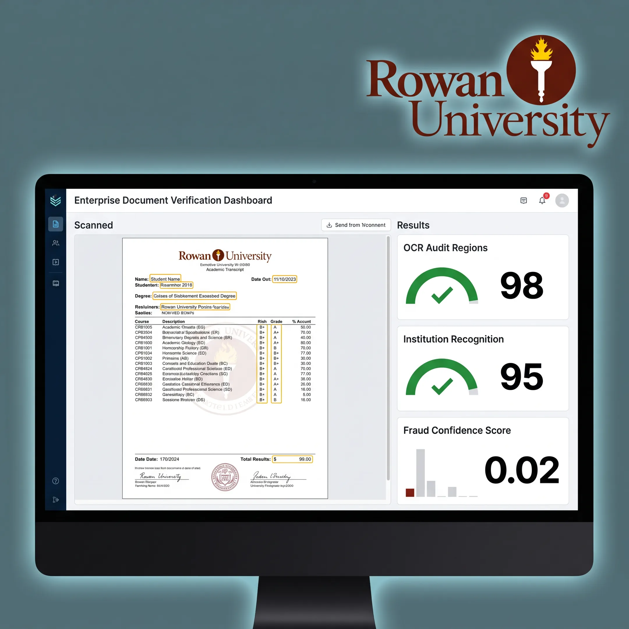 AI document verification results displayed beside an academic transcript