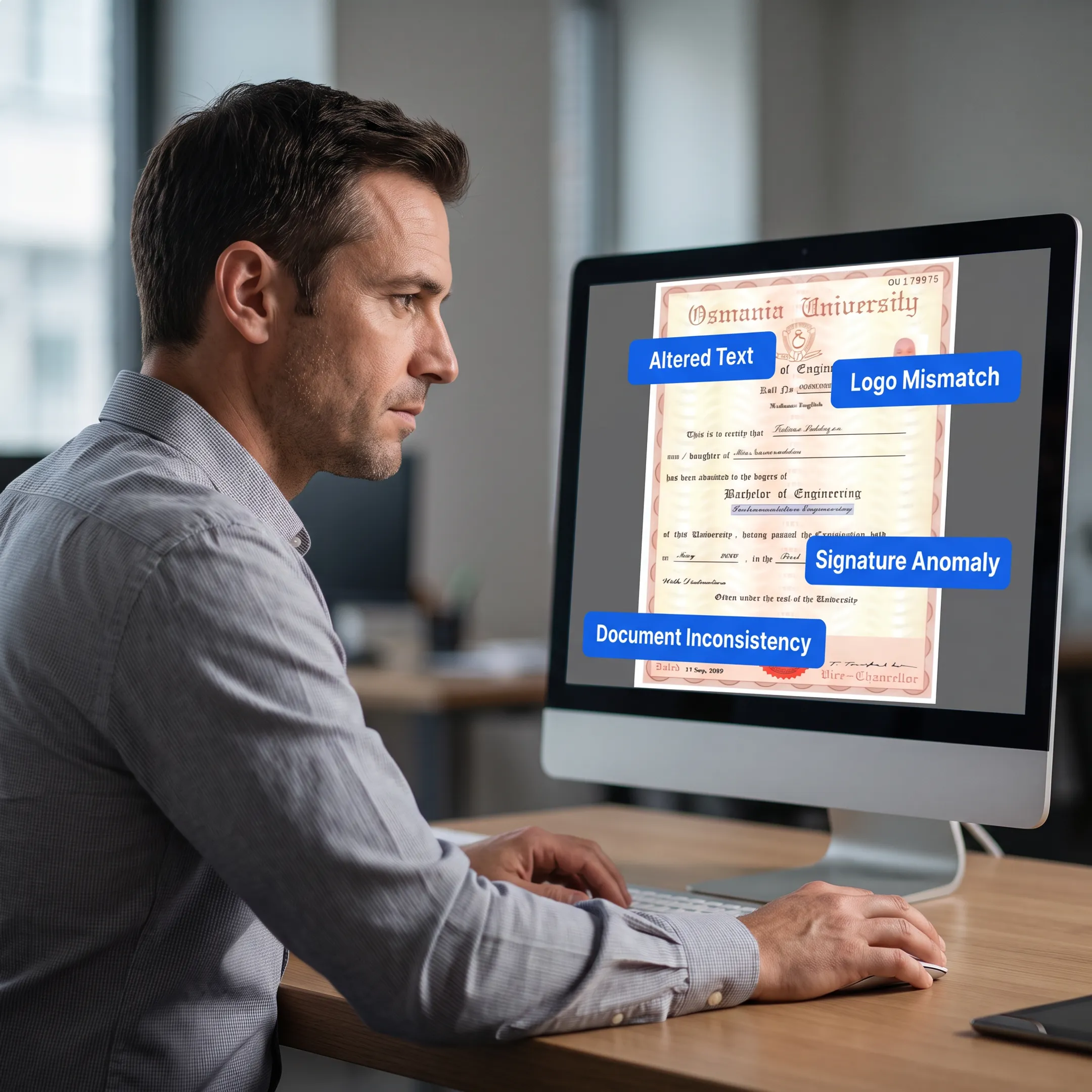 AI platform analyzing an academic document for authenticity and fraud indicators