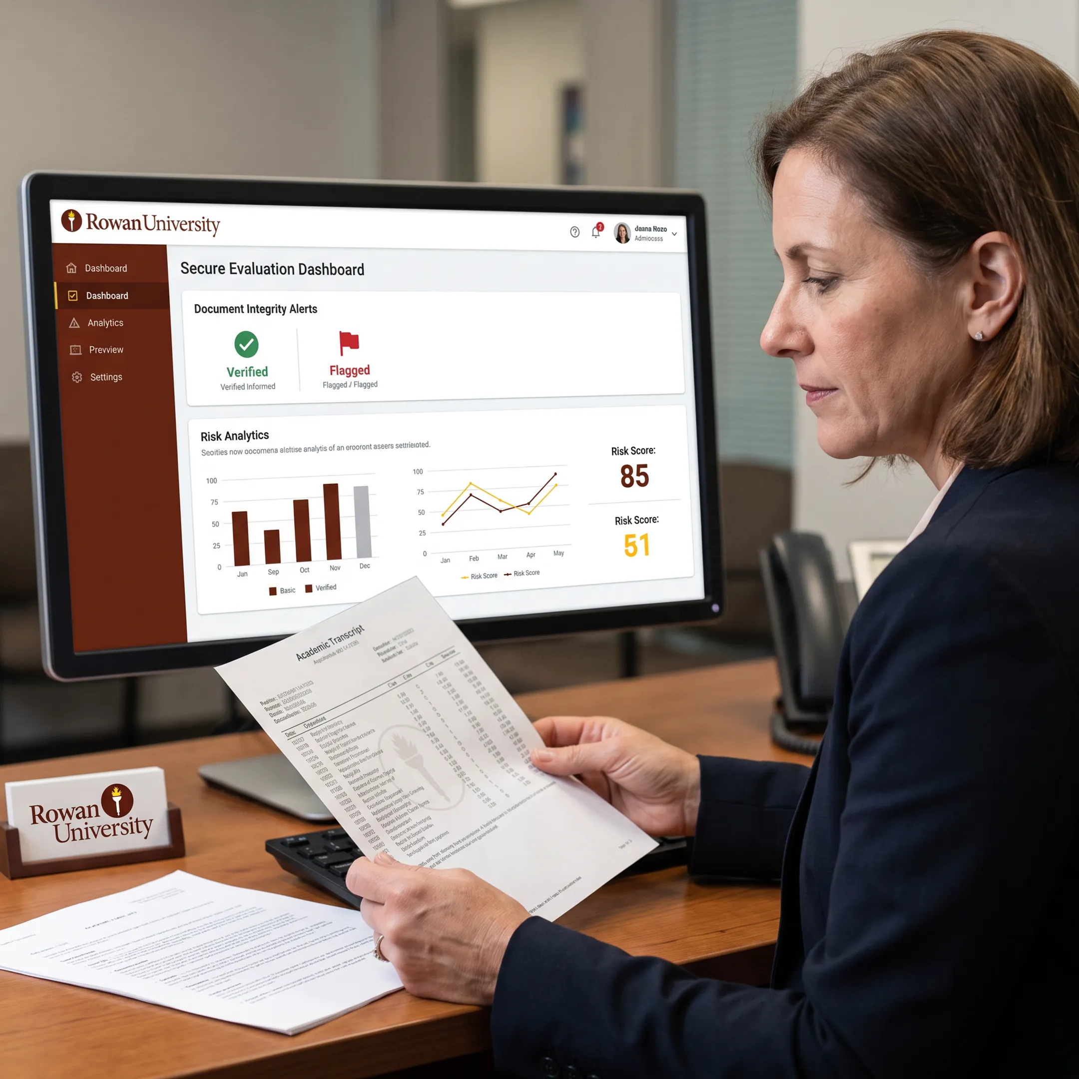 Admissions analyst reviewing a verified academic document with fraud risk indicators