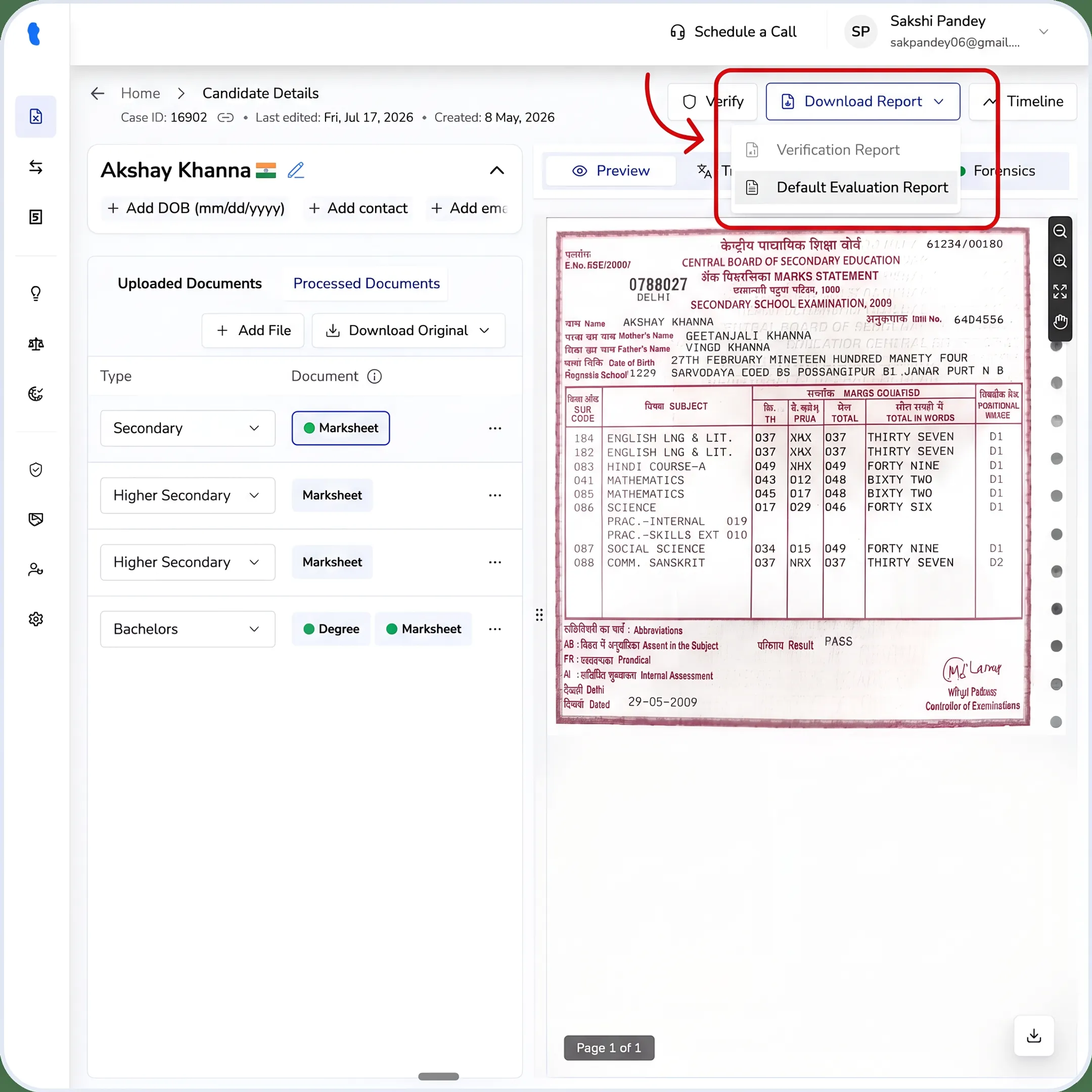 Digital certificate evaluation results with source-linked academic data displayed on an admissions platform