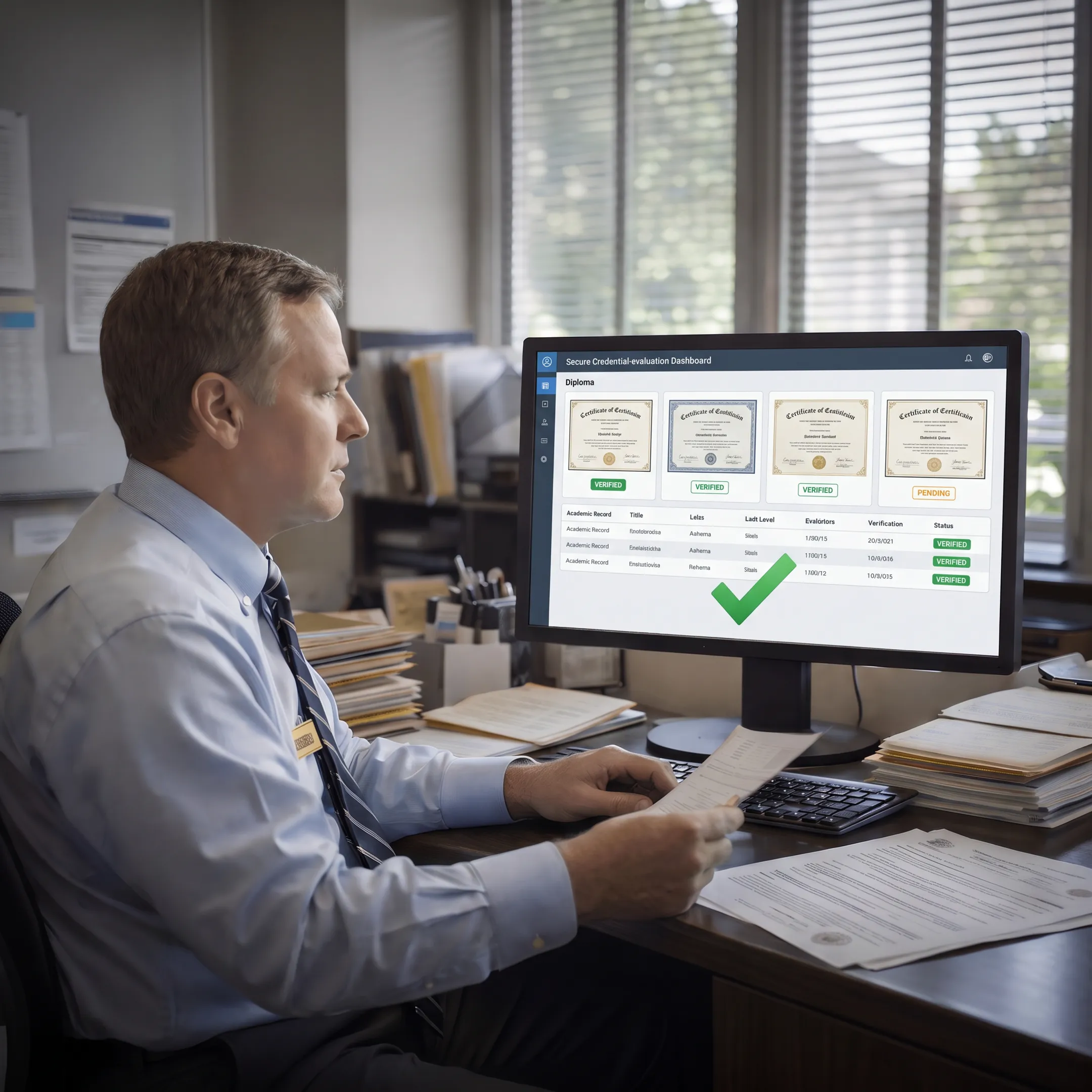 Admissions professional reviewing verified digital diploma and certificate records on a secure computer dashboard