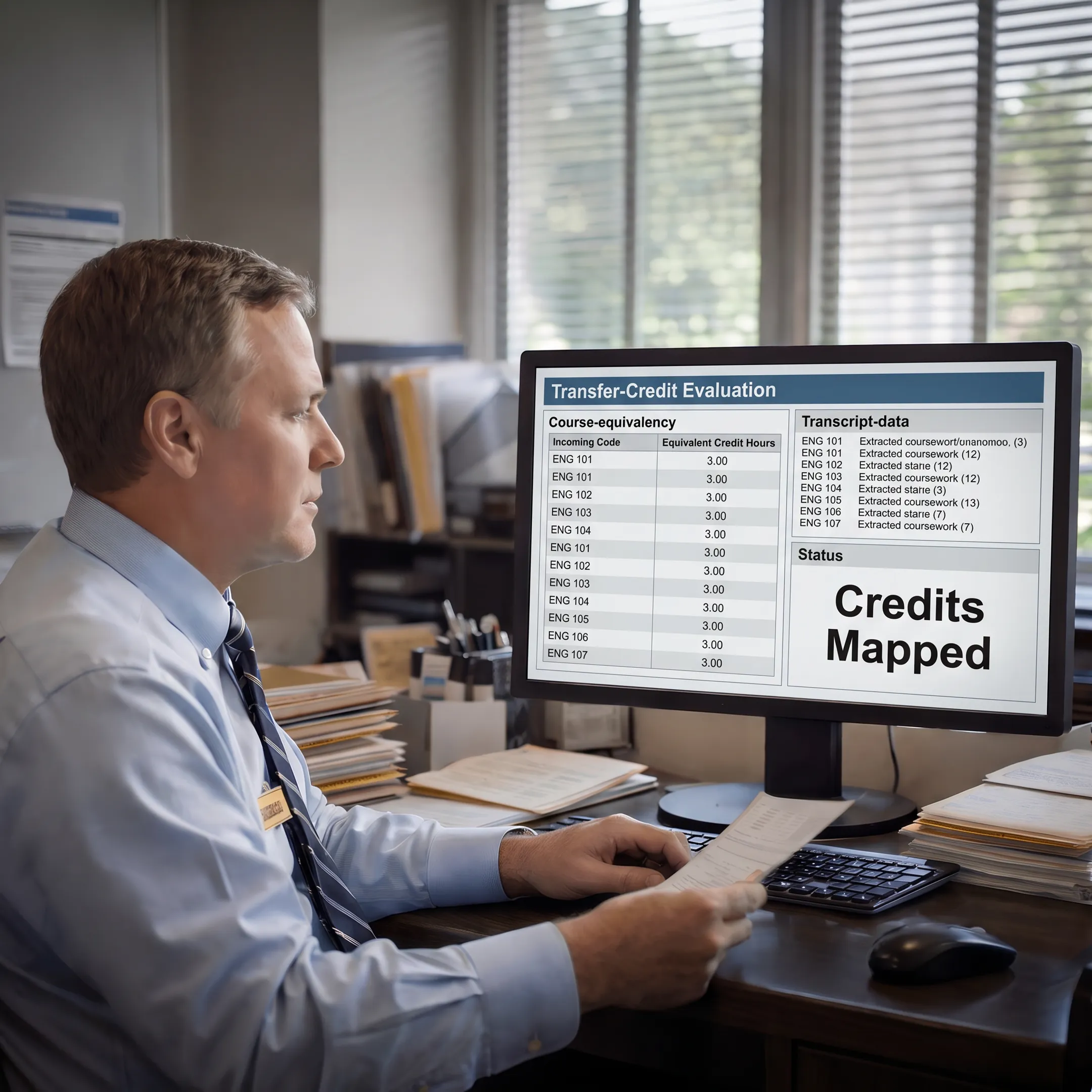 Admissions professional reviewing transfer credits and course equivalency results on a laptop