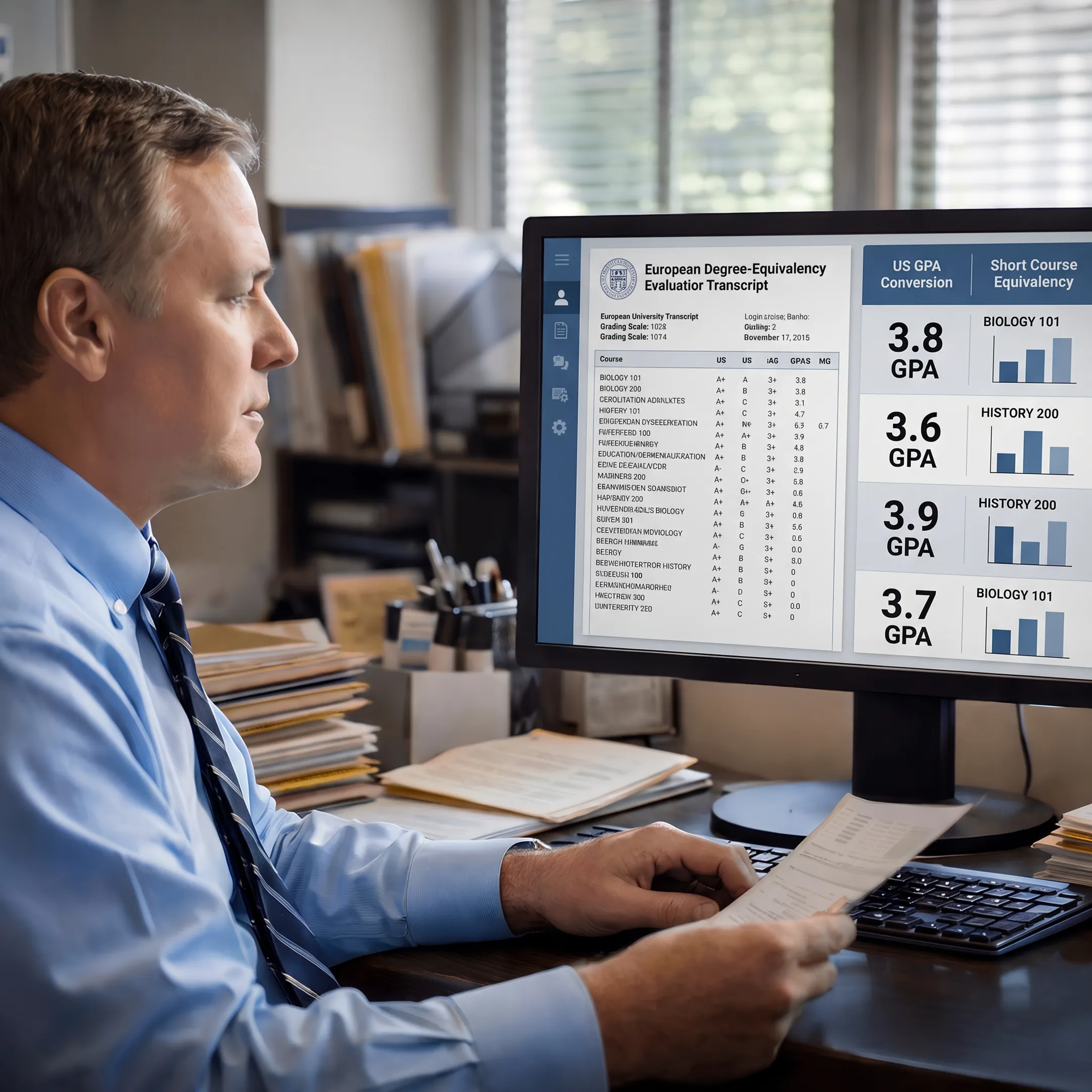 Admissions professional reviewing a European transcript and US degree equivalency report