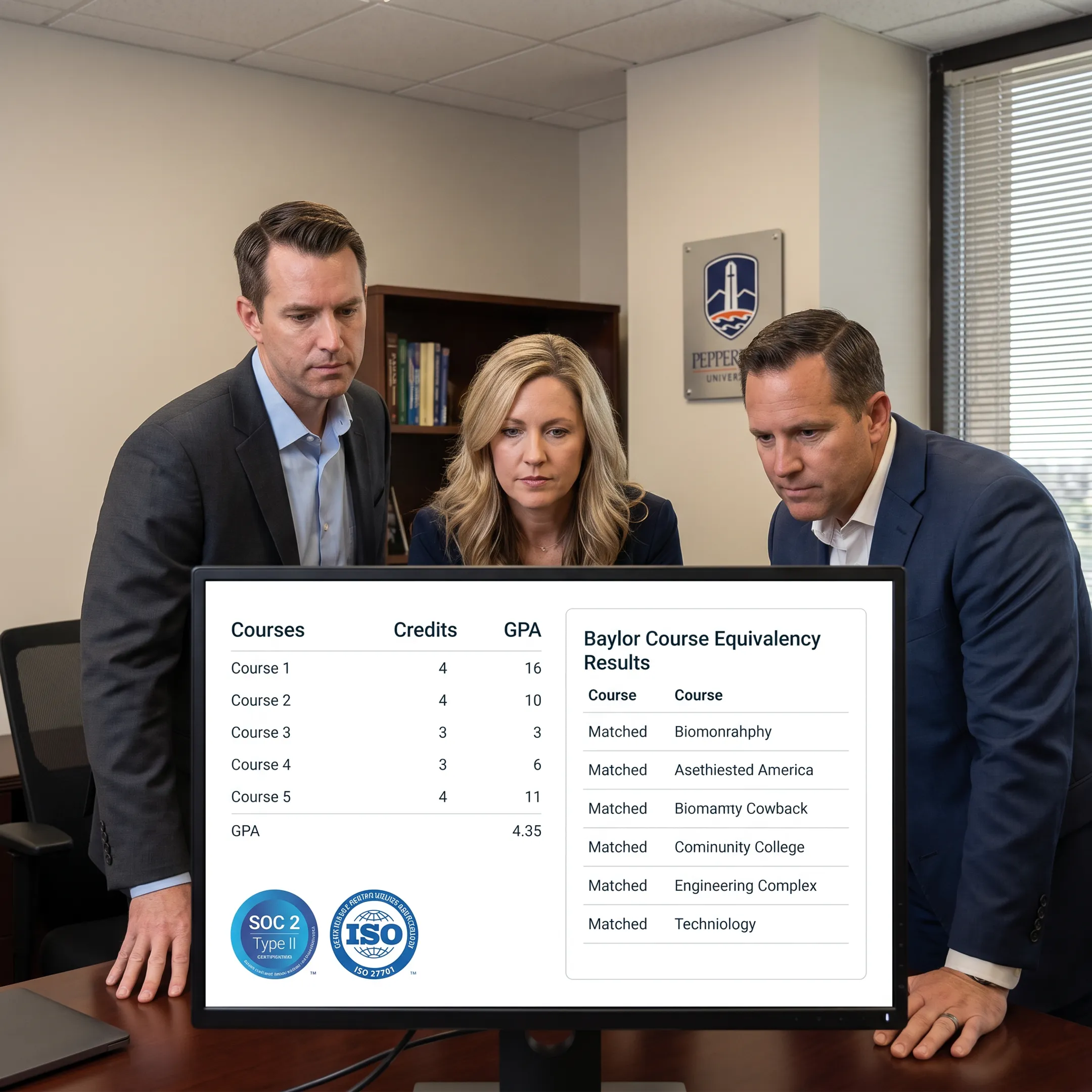 Higher-education staff reviewing automated Baylor transfer-credit equivalency results