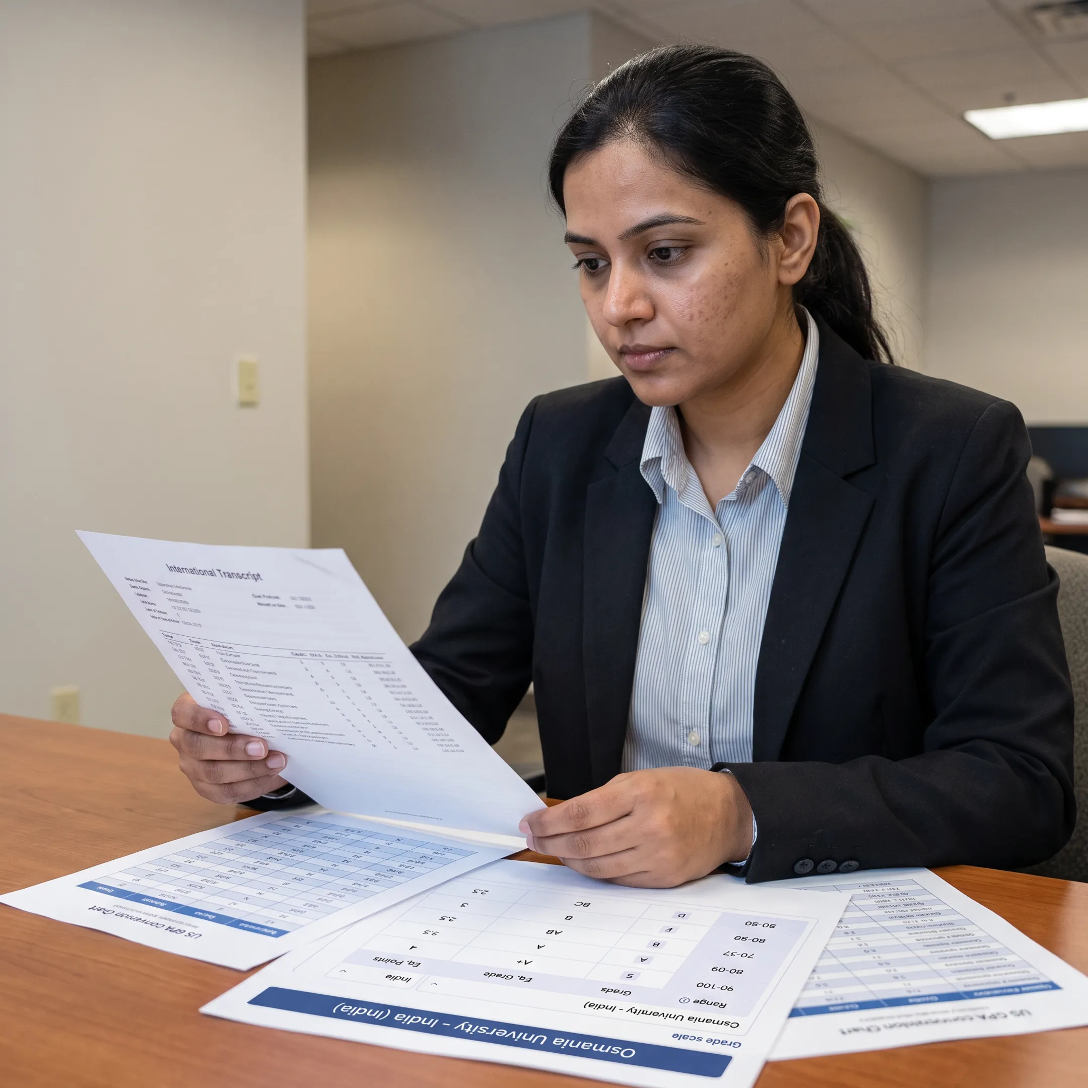 Admissions professional comparing international grades with a US GPA conversion chart