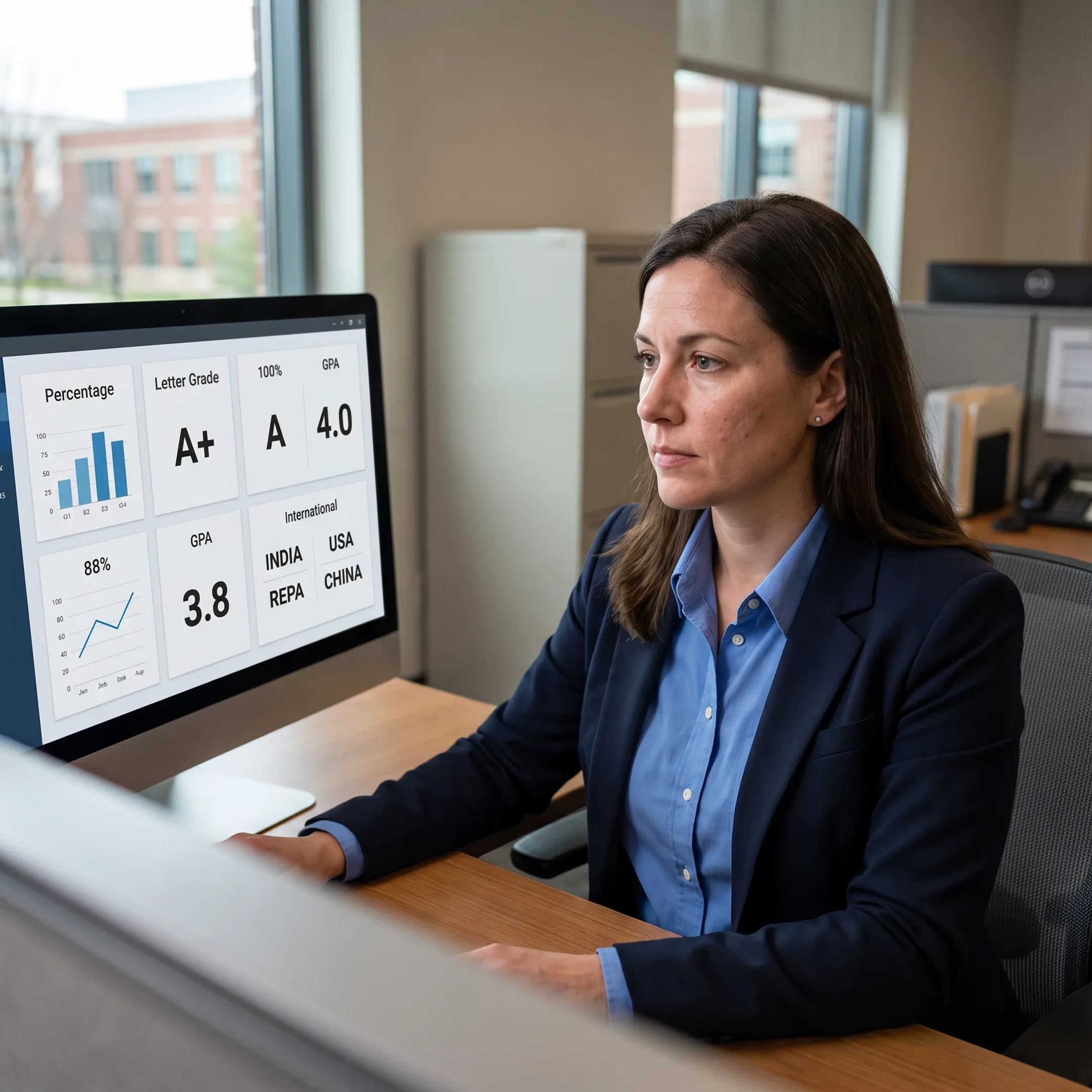Higher-education analyst reviewing GPA and grading scale conversion charts on a computer