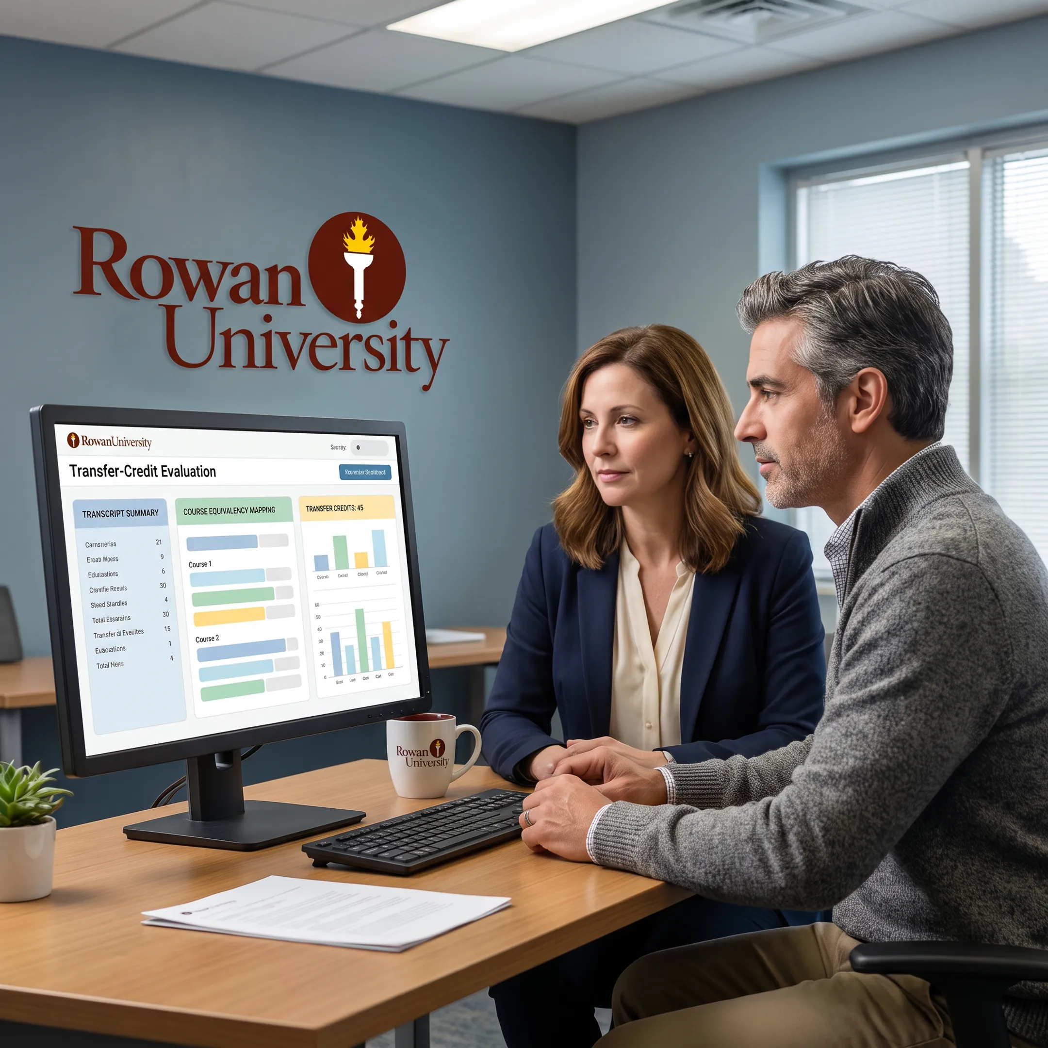 Higher-education team reviewing automated community college transfer evaluations on a computer