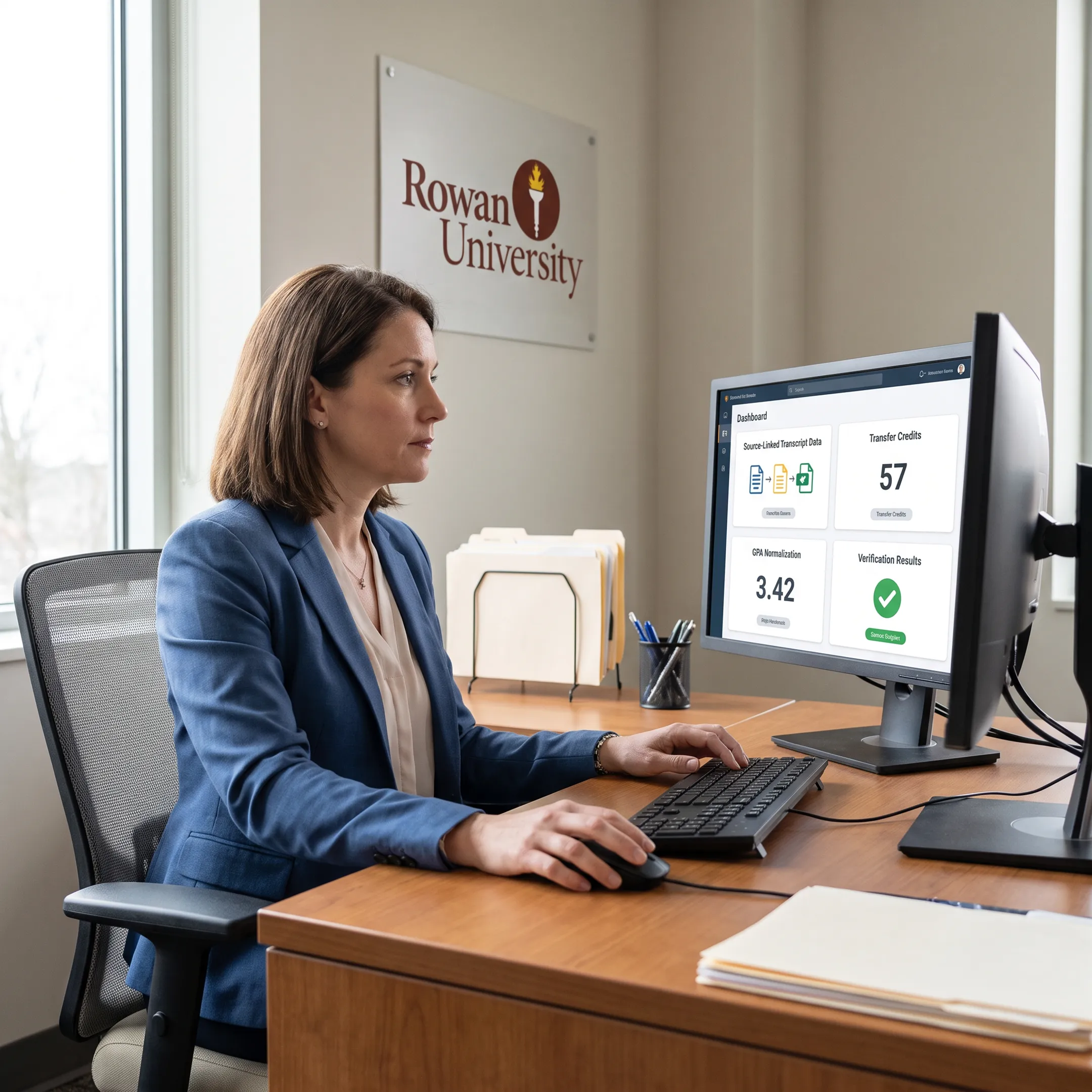 Transfer admissions professional reviewing source-linked transcript evaluation results