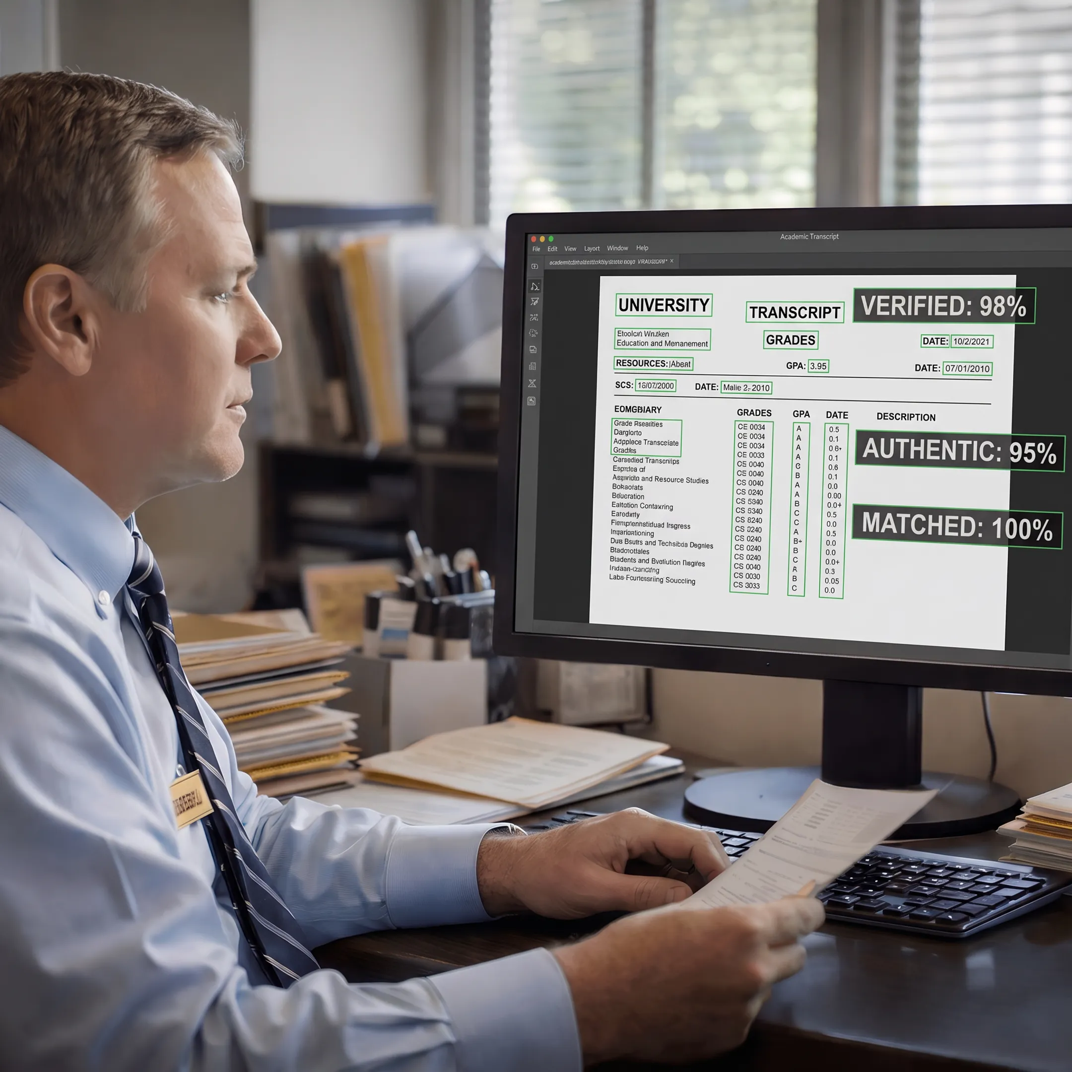 Admissions reviewer examining a verified academic document with digital fraud analysis results