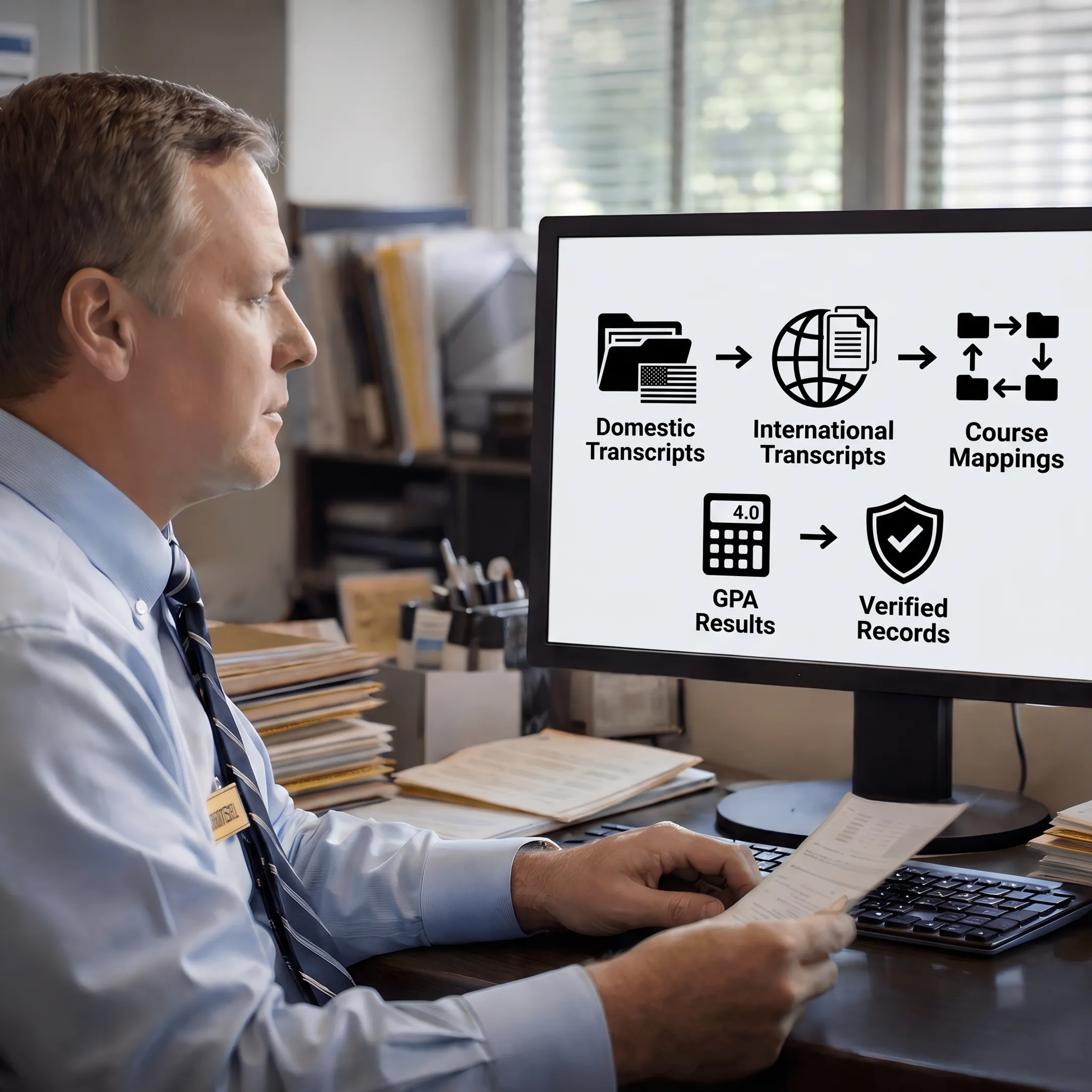 Admissions specialist reviewing transfer transcripts and course equivalency results on a computer