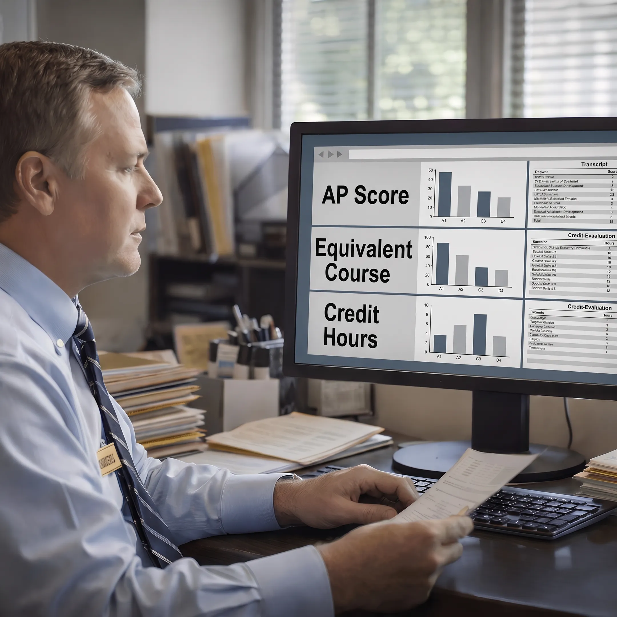 Admissions professional reviewing AP transcript and transfer credit equivalency results