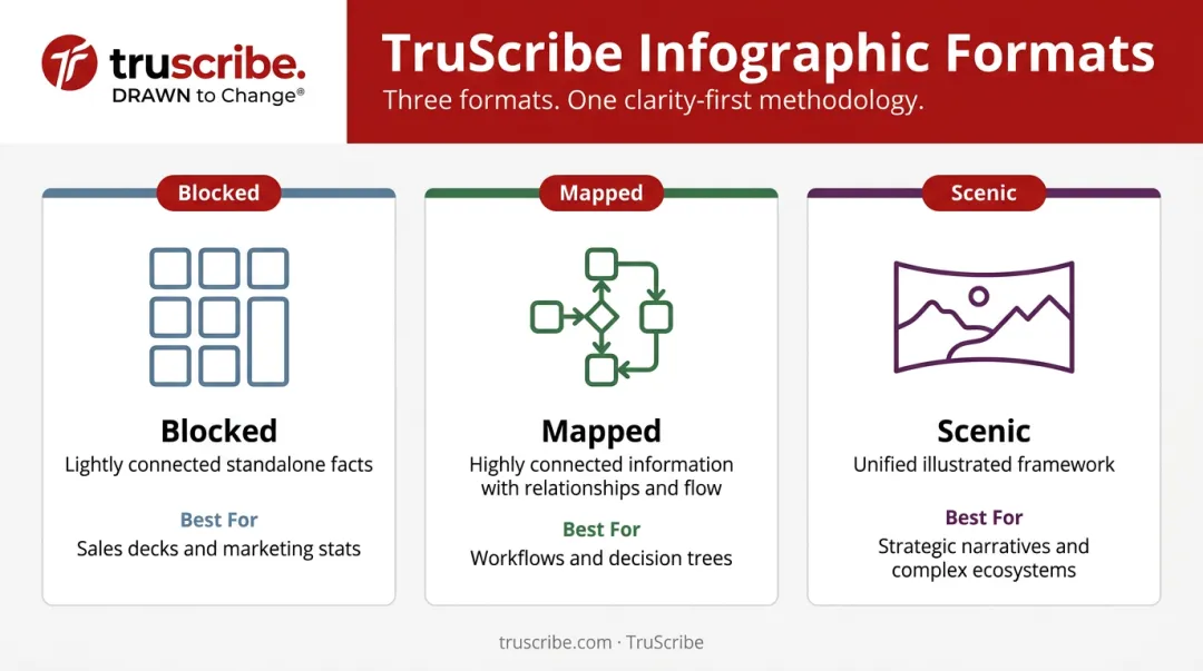 TruScribe three infographic format comparison table blocked mapped and scenic
