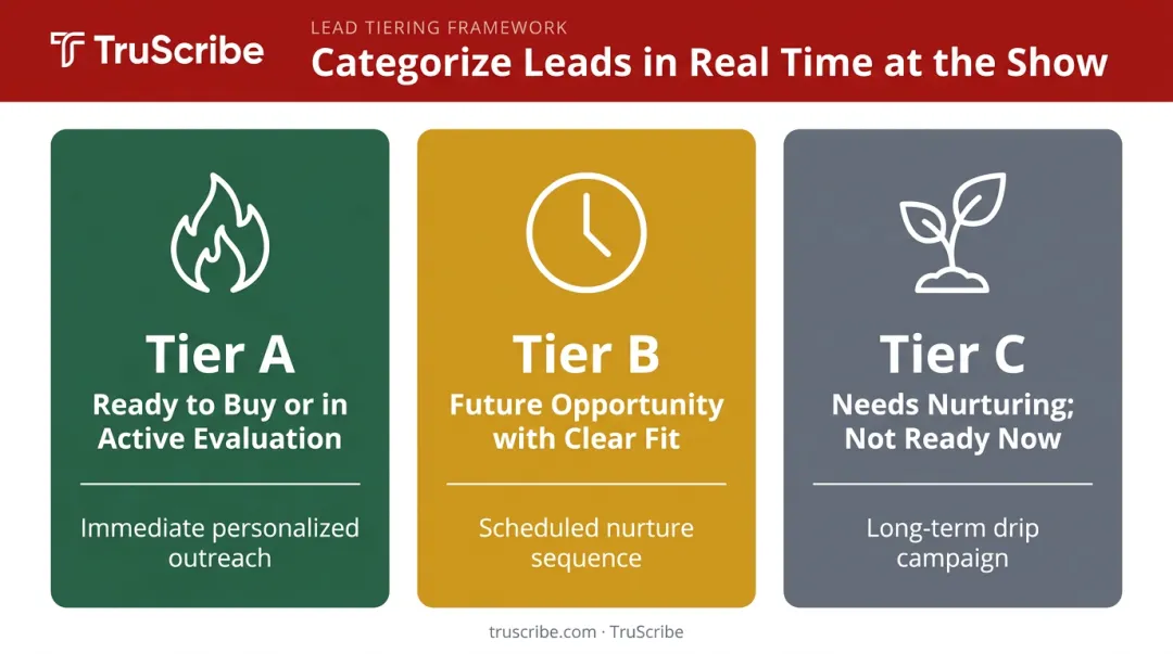 Three-tier trade show lead qualification system tiers A B and C priority levels