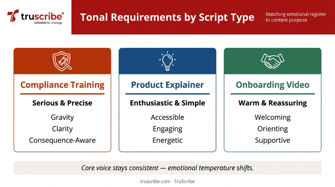 Three corporate script types tone and emotional register comparison chart