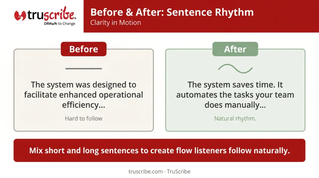 Weak versus strong script sentence rhythm rewrite example comparison infographic