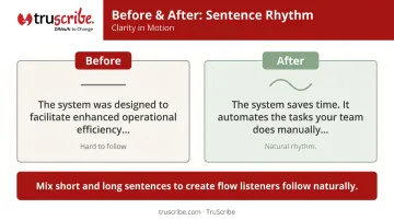 Weak versus strong script sentence rhythm rewrite example comparison infographic