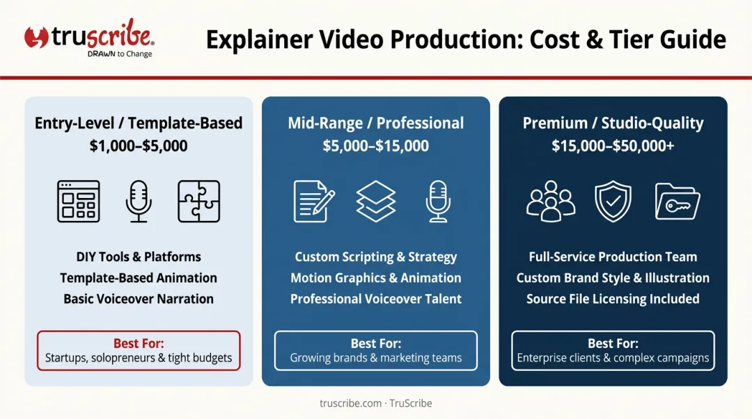 Three-tier explainer video pricing comparison from entry level to premium studio