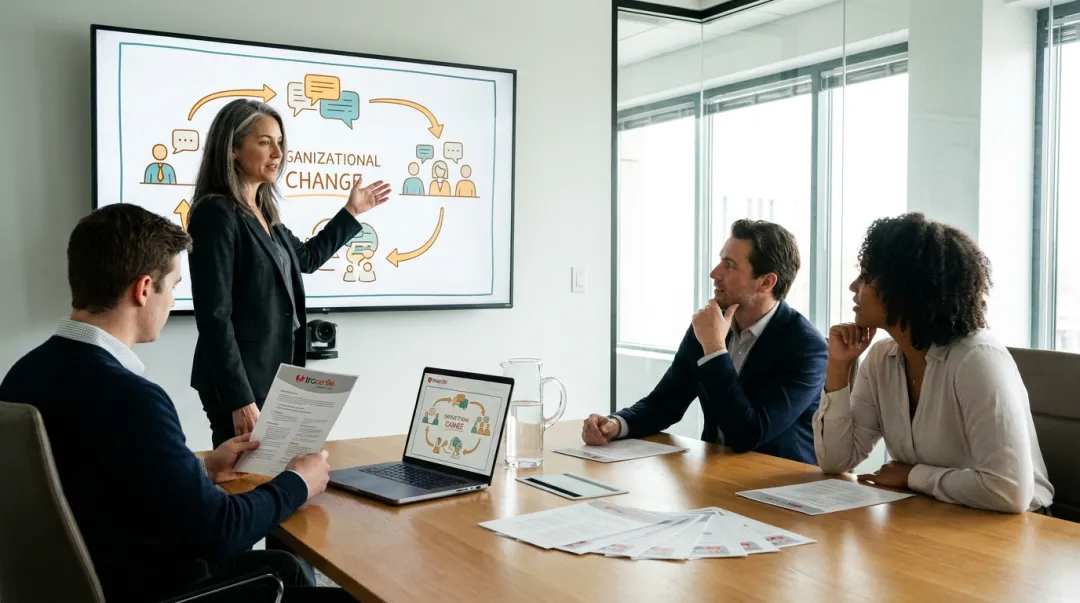 Business leader communicating change strategy to team across multiple channels and formats