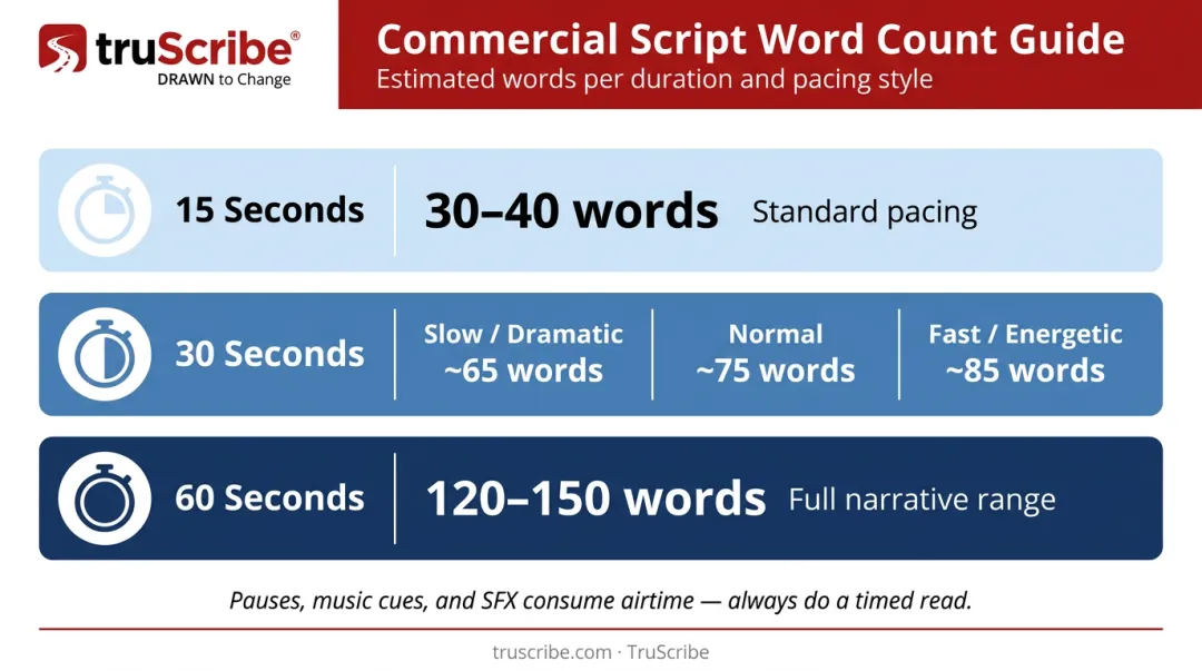 Commercial script word count by duration and delivery pace comparison chart