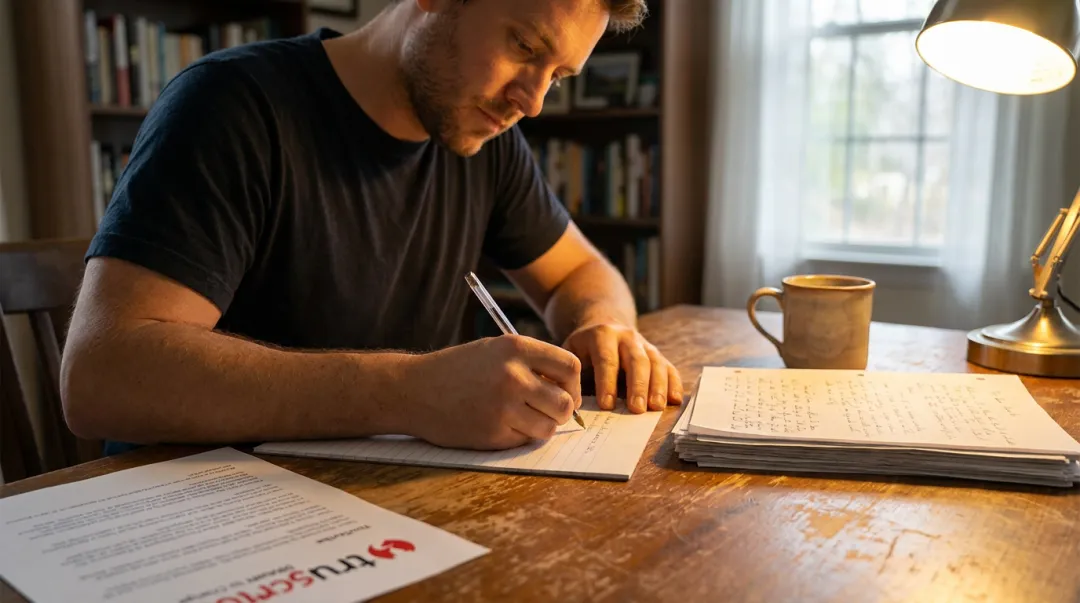 Screenwriter at desk handwriting character arc notes in dimly lit workspace