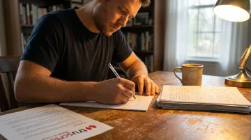 Screenwriter at desk handwriting character arc notes in dimly lit workspace
