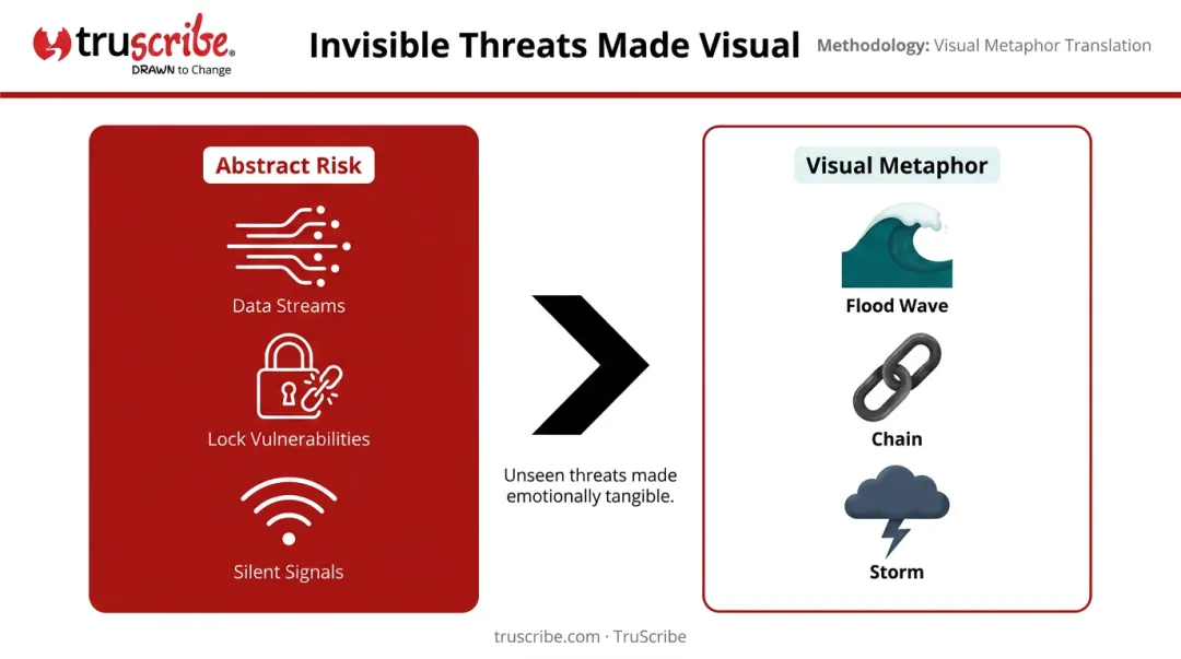 Abstract digital risk visualization using physical metaphors for B2B cybersecurity storytelling