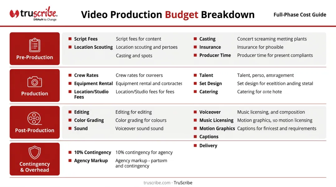 Four-phase video production budget breakdown with all line items listed