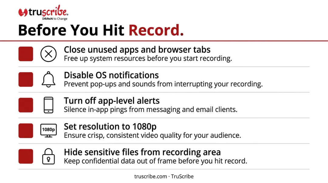 Desktop recording pre-session readiness checklist with five preparation steps
