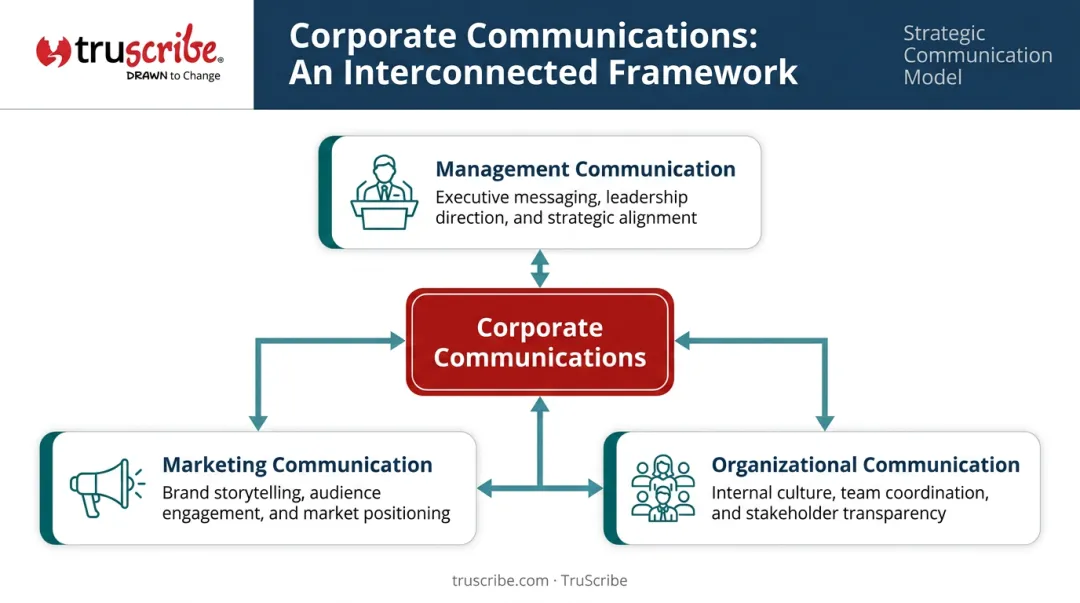 Three branches of corporate communications management marketing and organizational diagram