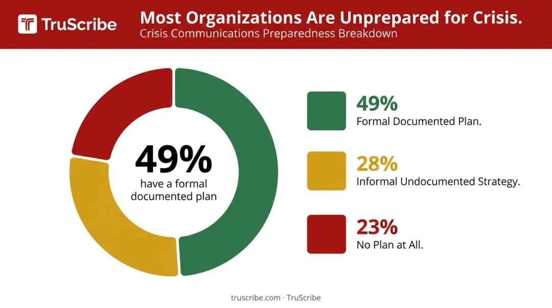 Crisis communications preparedness statistics showing percentage of organizations with formal plans