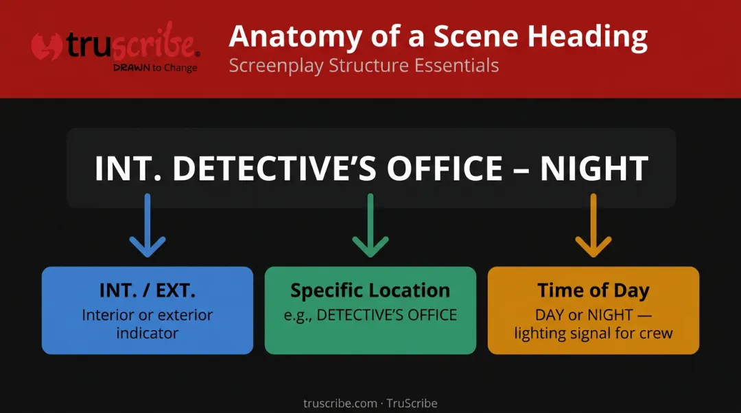Three-part scene heading slug line anatomy breakdown infographic