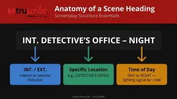 Three-part scene heading slug line anatomy breakdown infographic