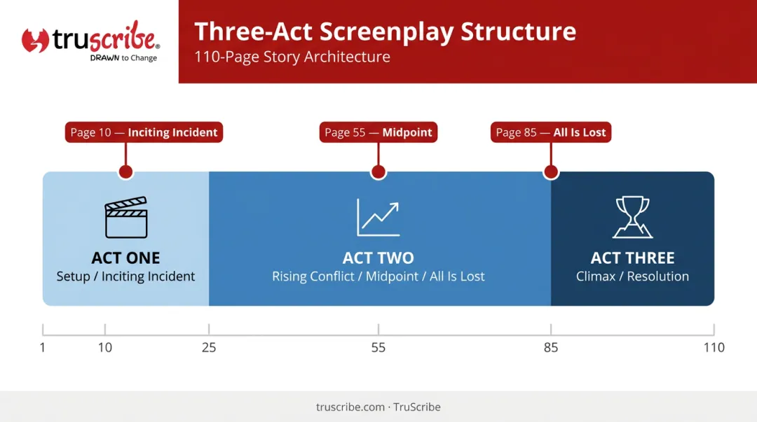 Three-act screenplay structure page ranges and key story beats infographic