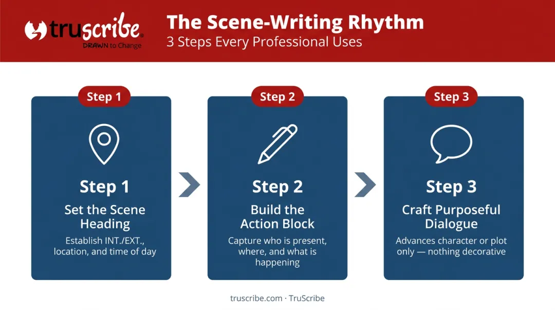 Three-step scene writing process flow for professional screenwriters infographic