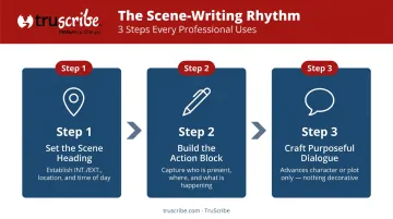 Three-step scene writing process flow for professional screenwriters infographic