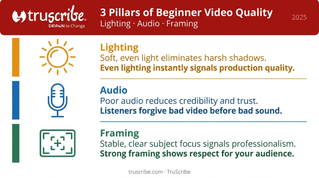 Three video production quality pillars lighting audio and framing beginner guide